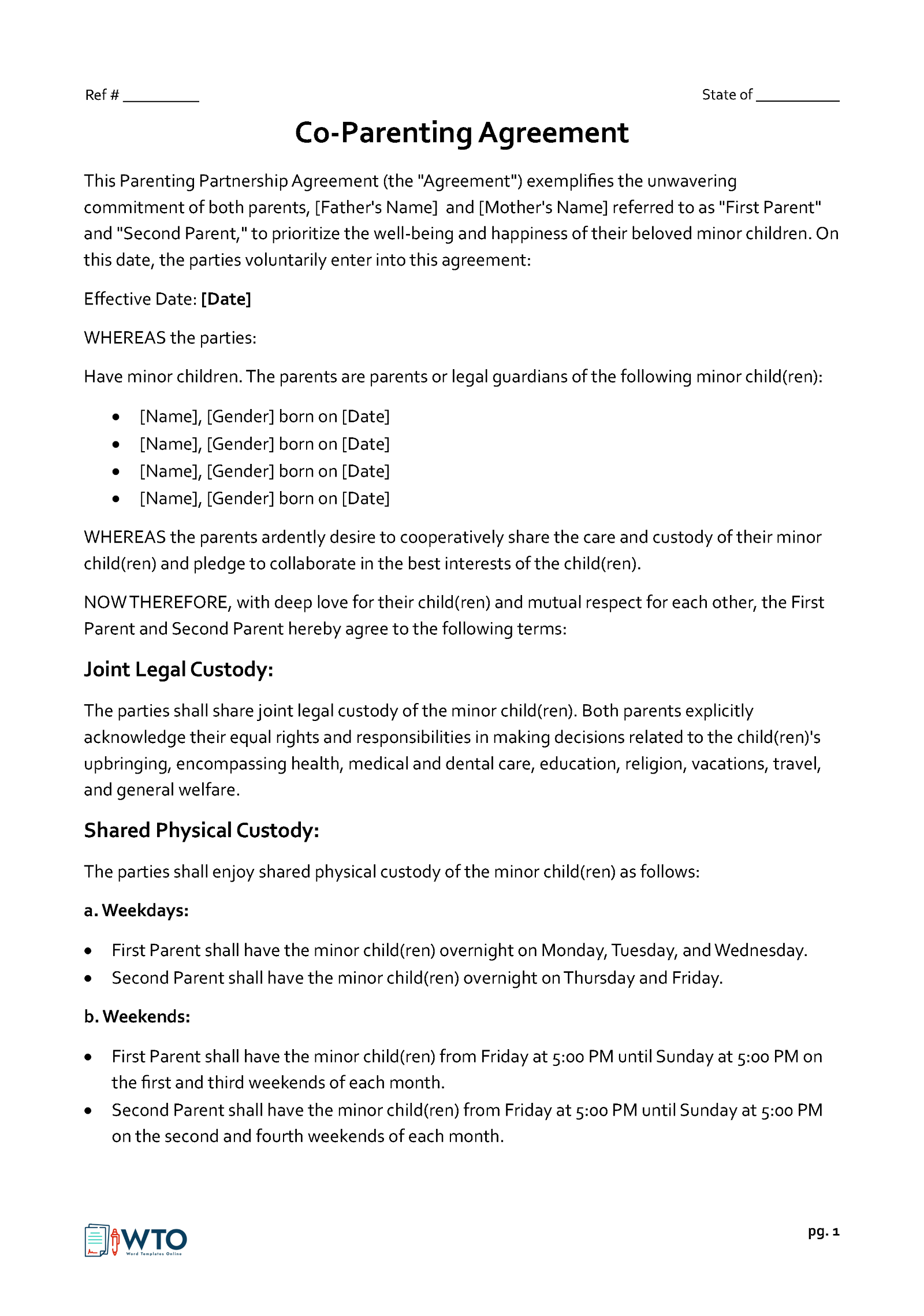 Co-Parenting Agreement Template for Shared Custody