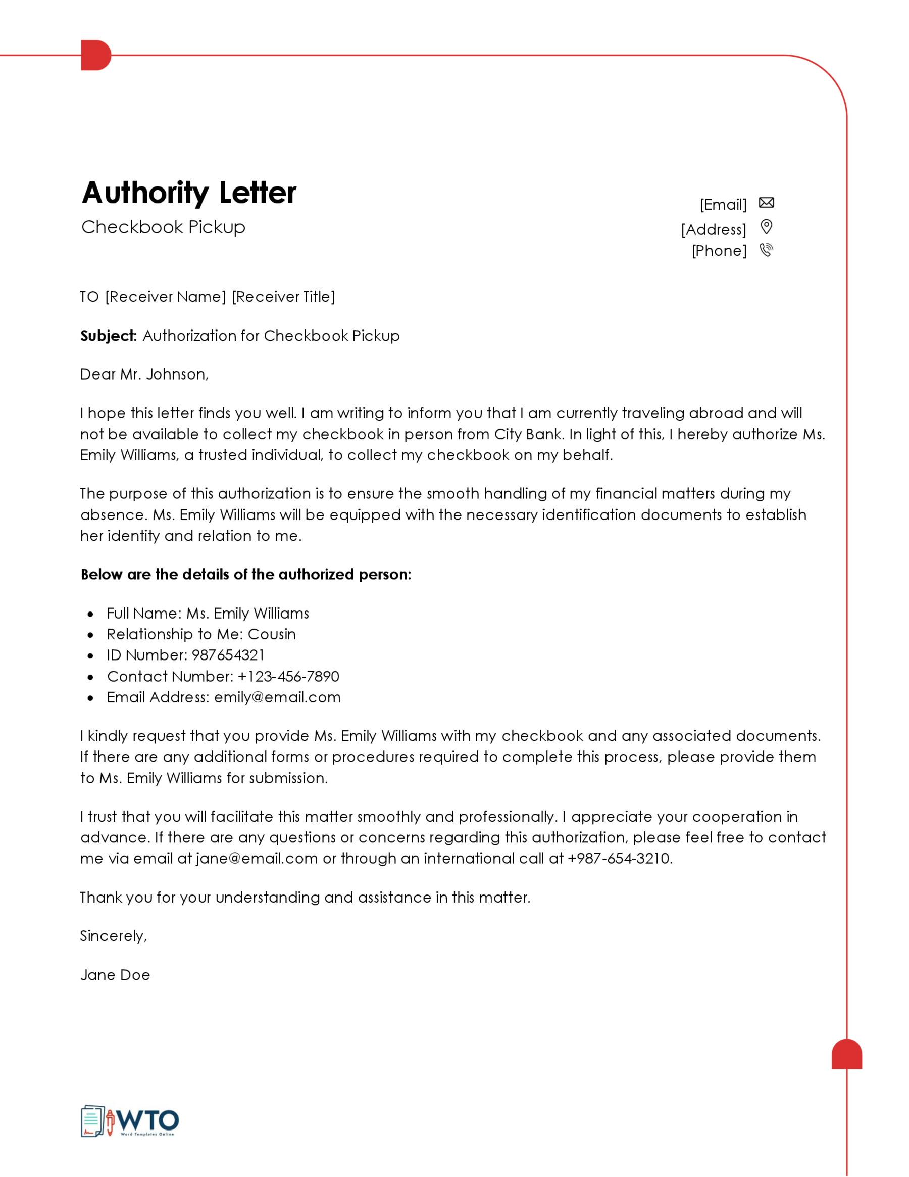 Sample Writing an Authorization Letter for Checkbook Pickup-Free Download