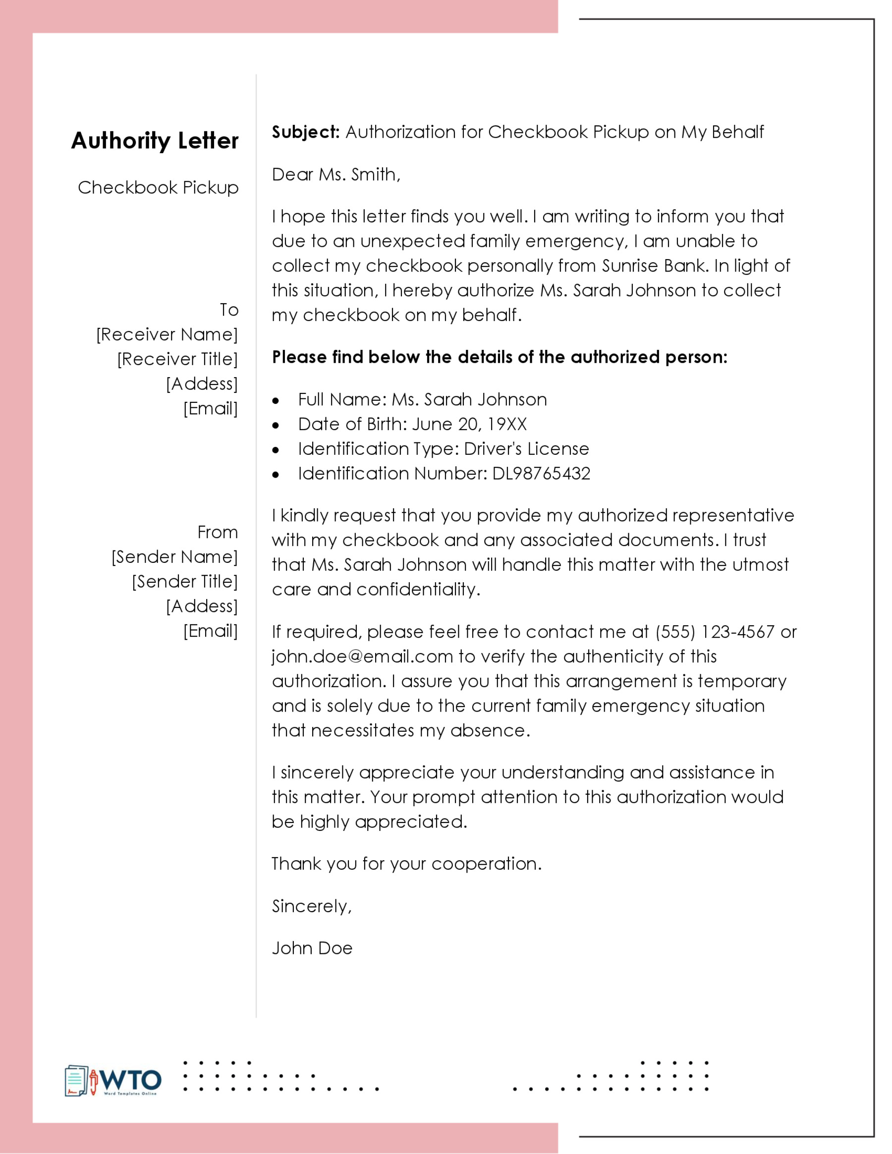 Sample Writing an Authorization Letter for Checkbook Pickup-Ms word Format