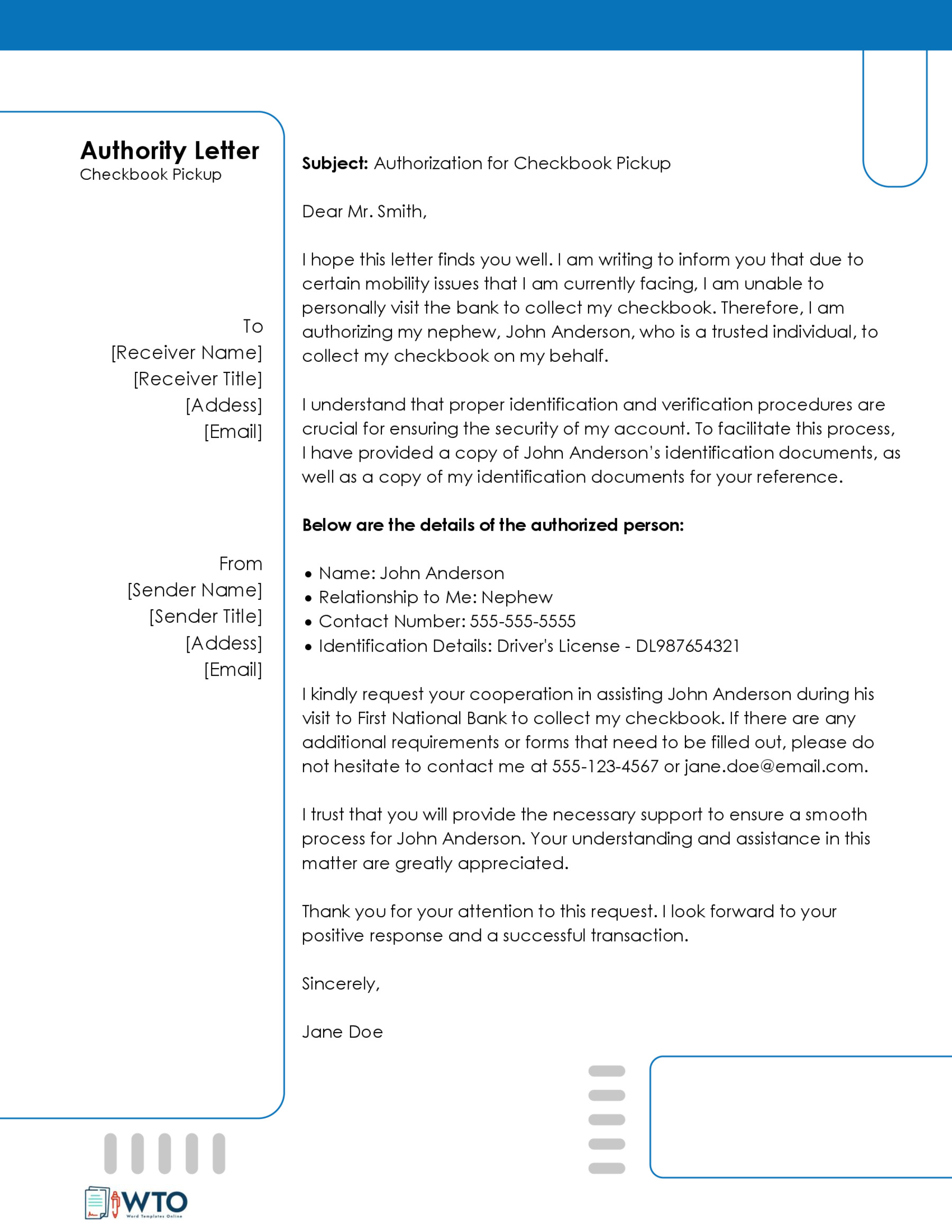 Sample Writing an Authorization Letter for Checkbook Pickup-Downloadable word format