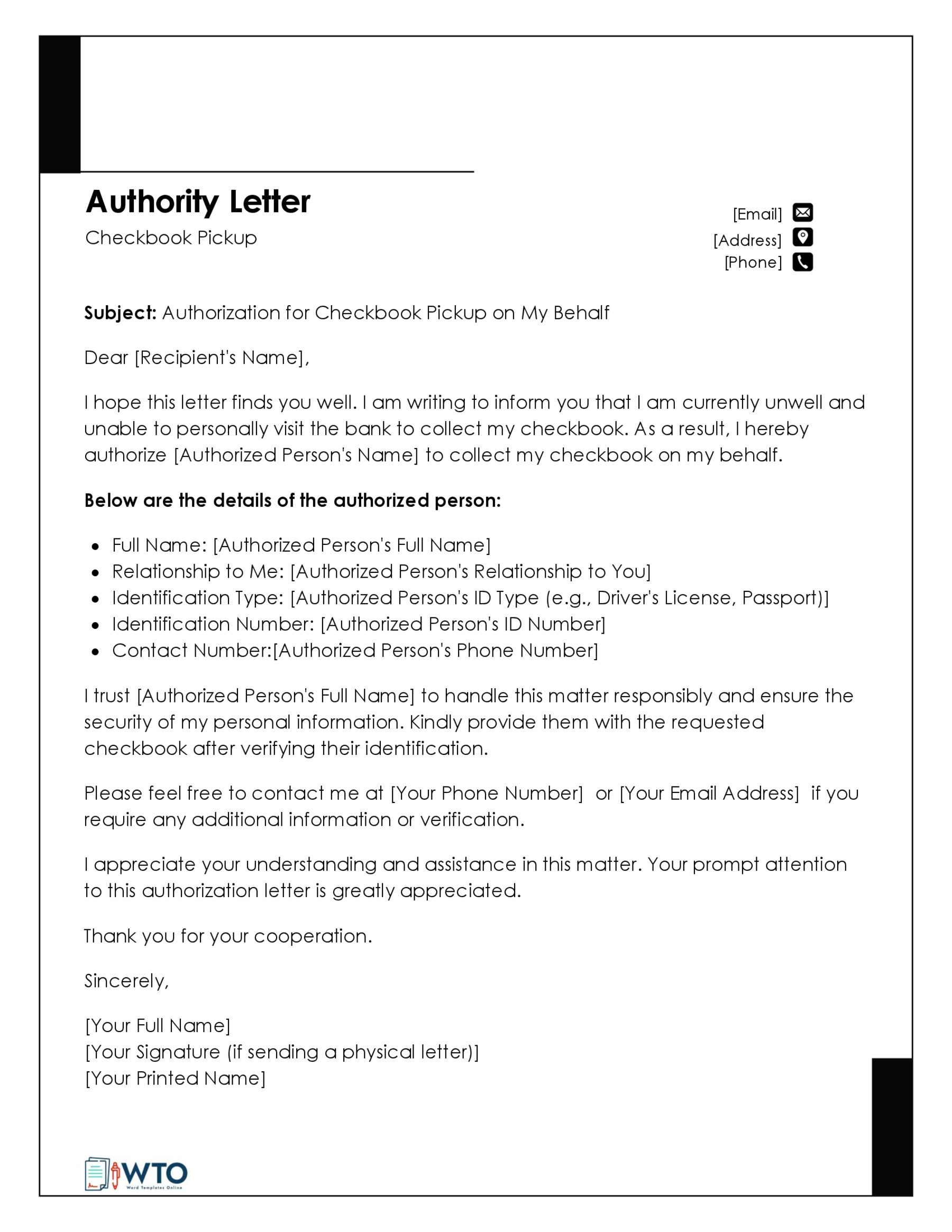 Writing an Authorization Letter for Checkbook Pickup Template-Ms word Format
