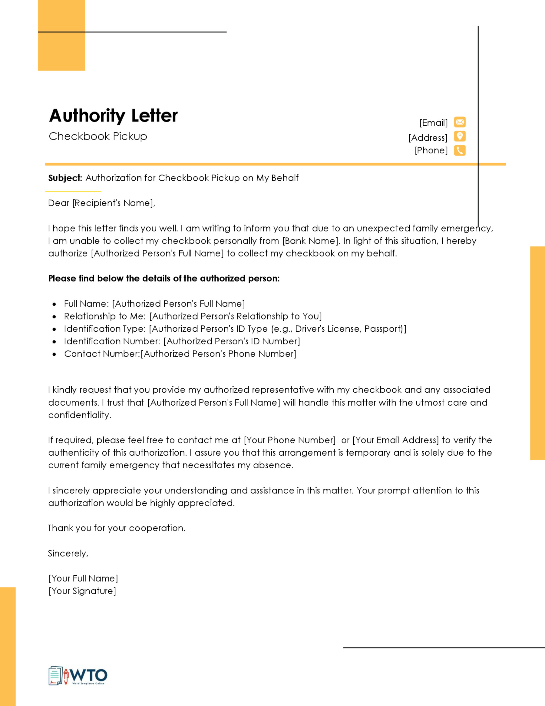 Writing an Authorization Letter for Checkbook Pickup Template-Word Format