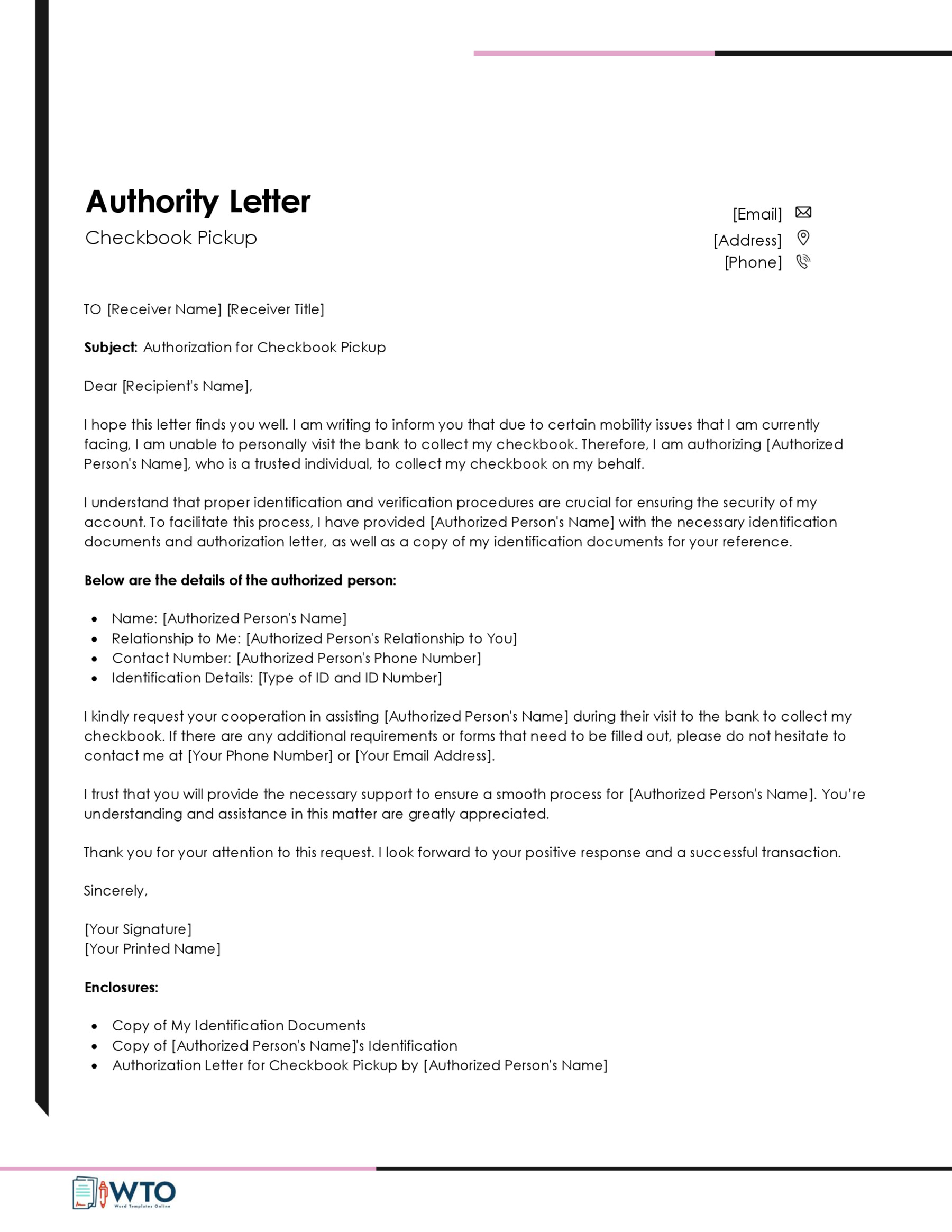 Writing an Authorization Letter for Checkbook Pickup Template-Free Downloadable
