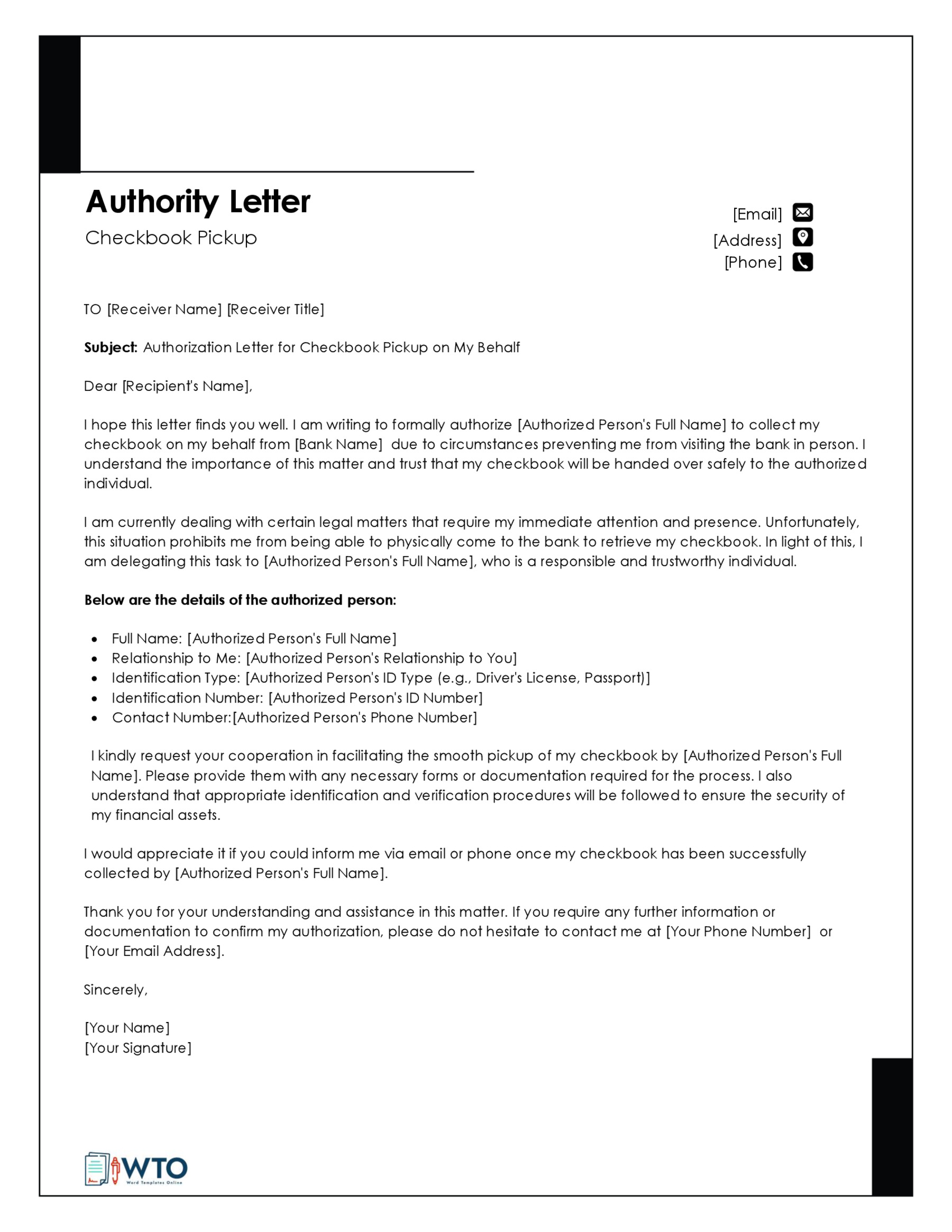 Writing an Authorization Letter for Checkbook Pickup Template Template-Downloadable word format