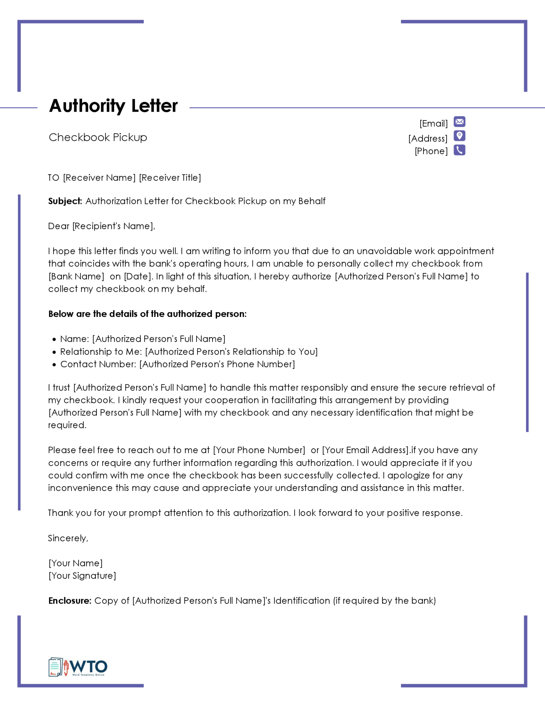 Writing an Authorization Letter for Checkbook Pickup Template Template-Ms Word Free Download