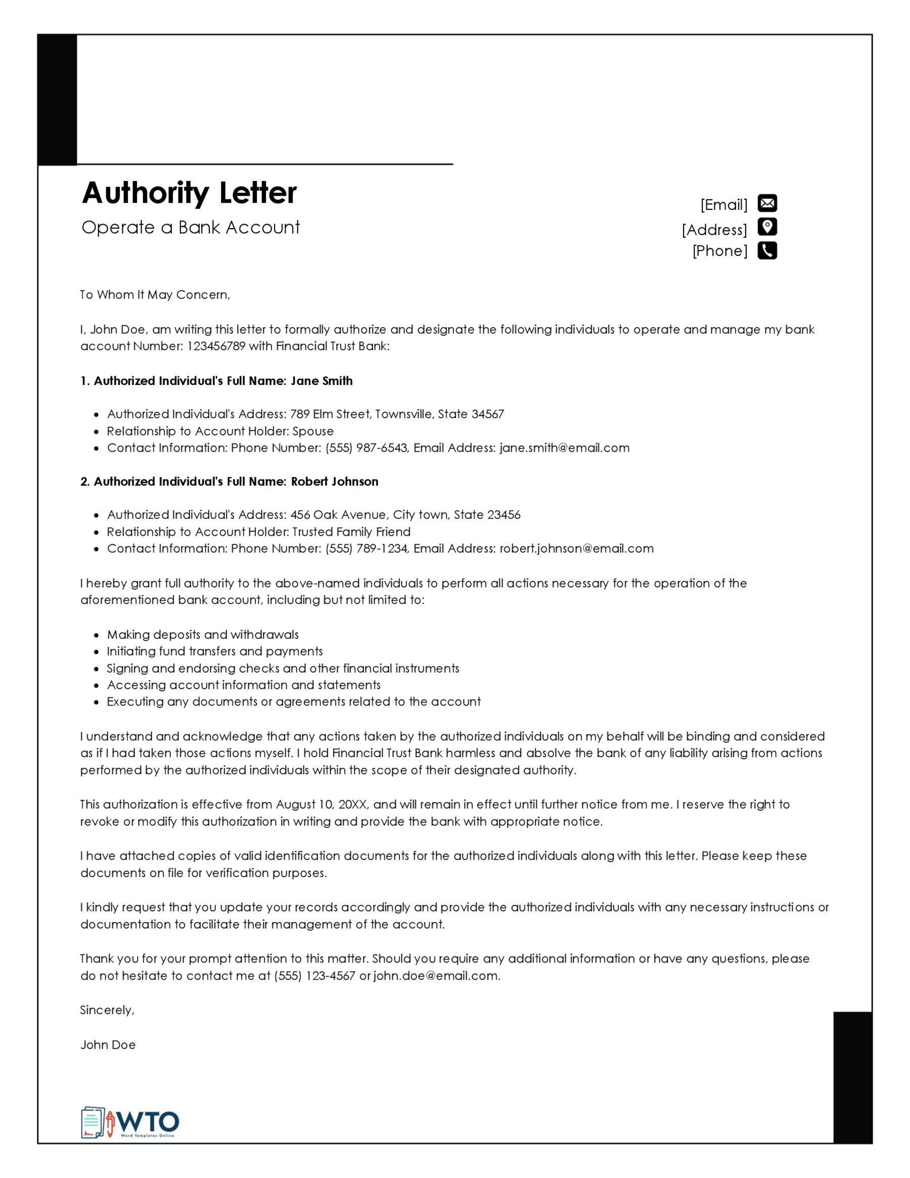 Bank Account Operation Letter example Word download
