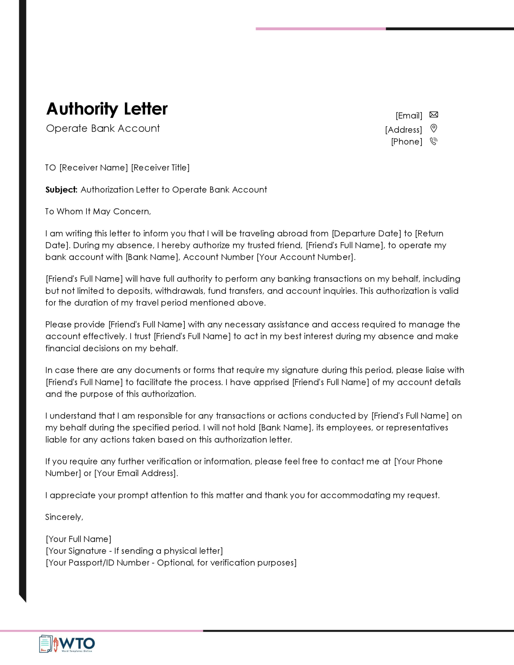 Bank Account Authorization Letter Template