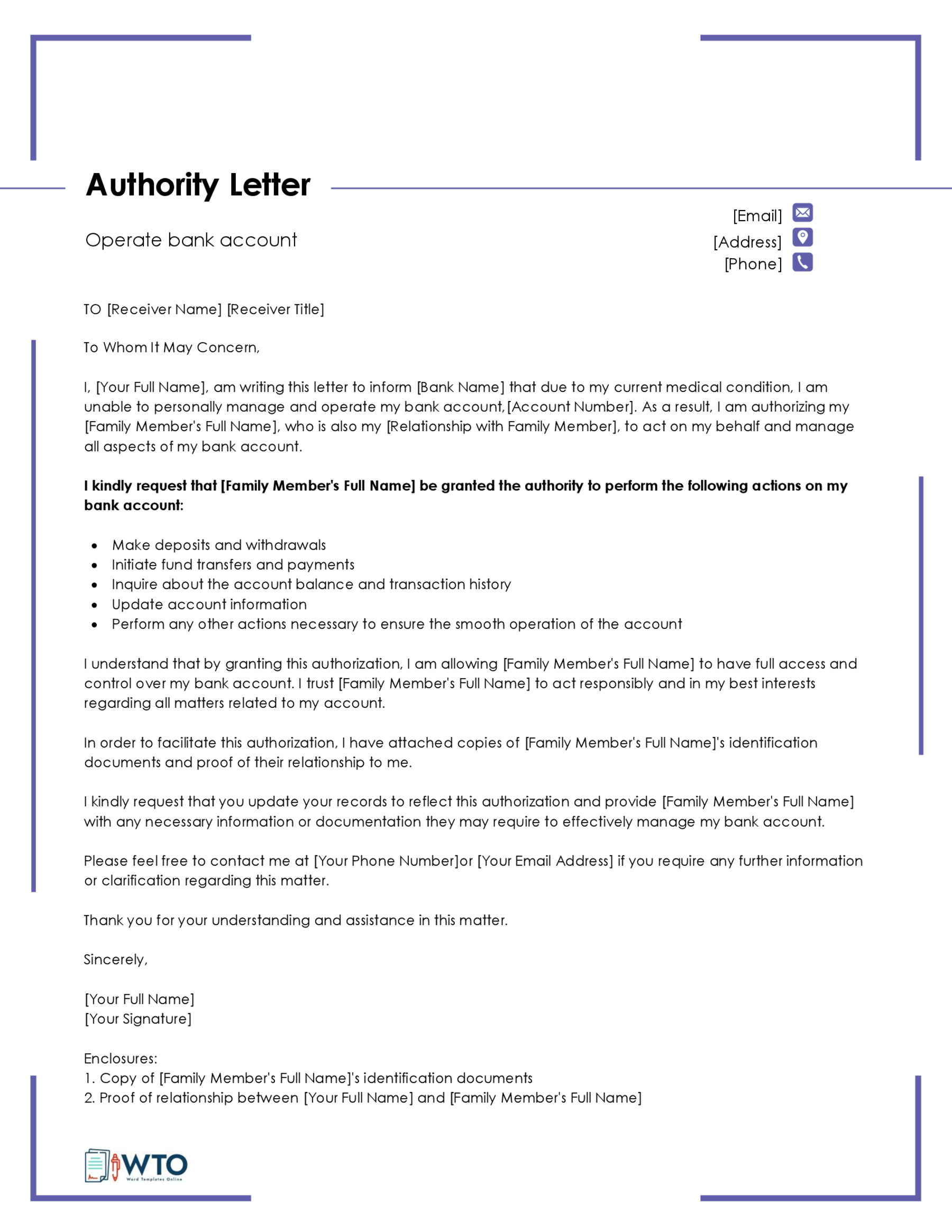 Bank Account Management Letter Template