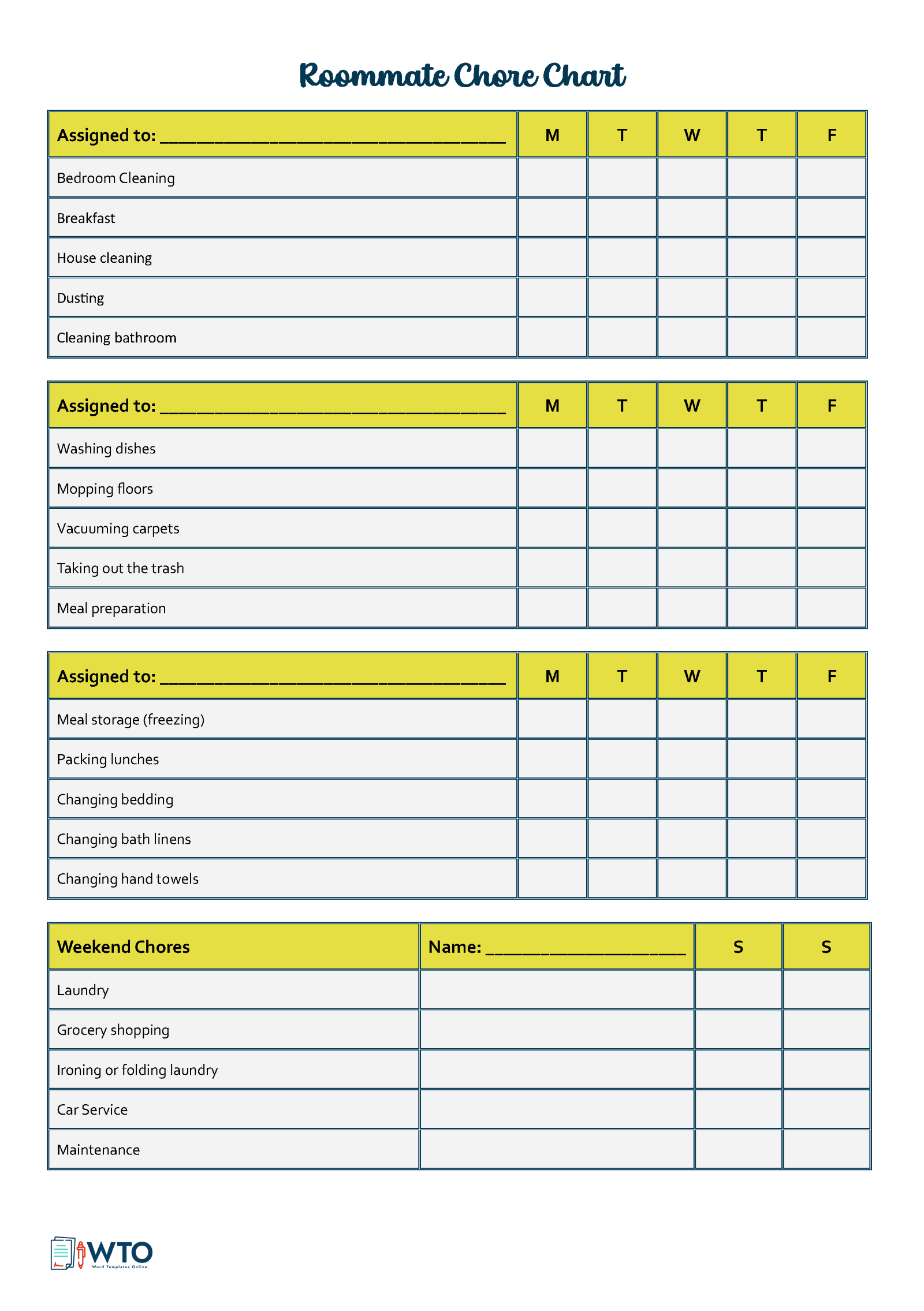 Editable Roommate Chore Chart Example: Efficient Chores