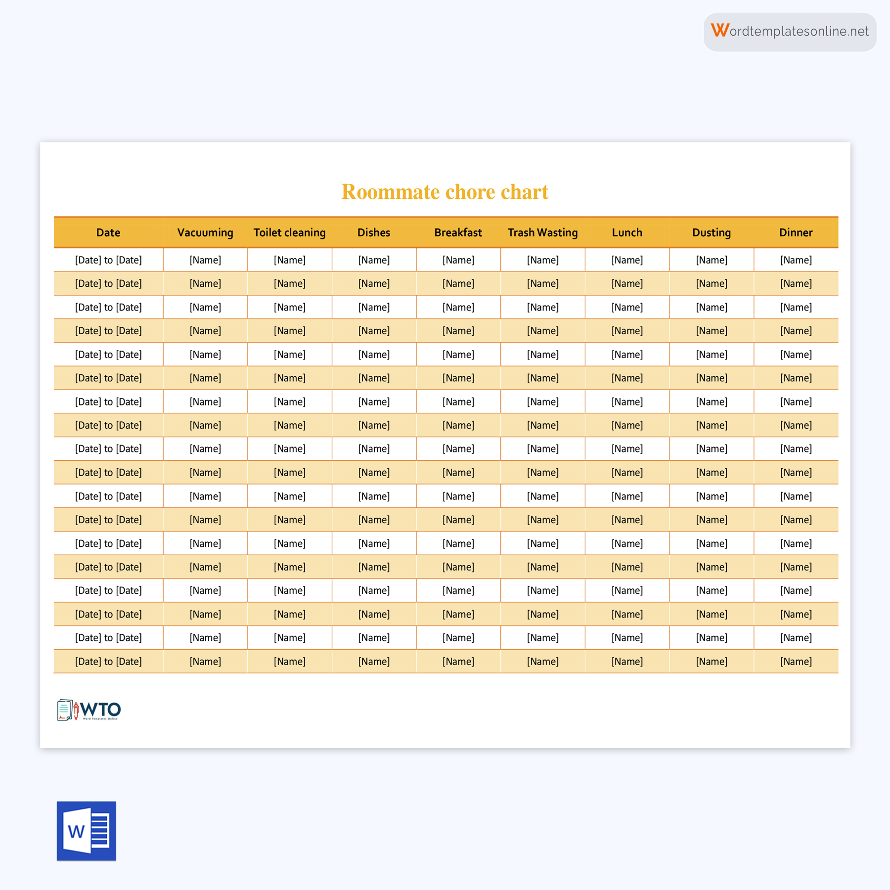 Free Printable Monthly Roommate Chore Chart Template 01 for Word Document