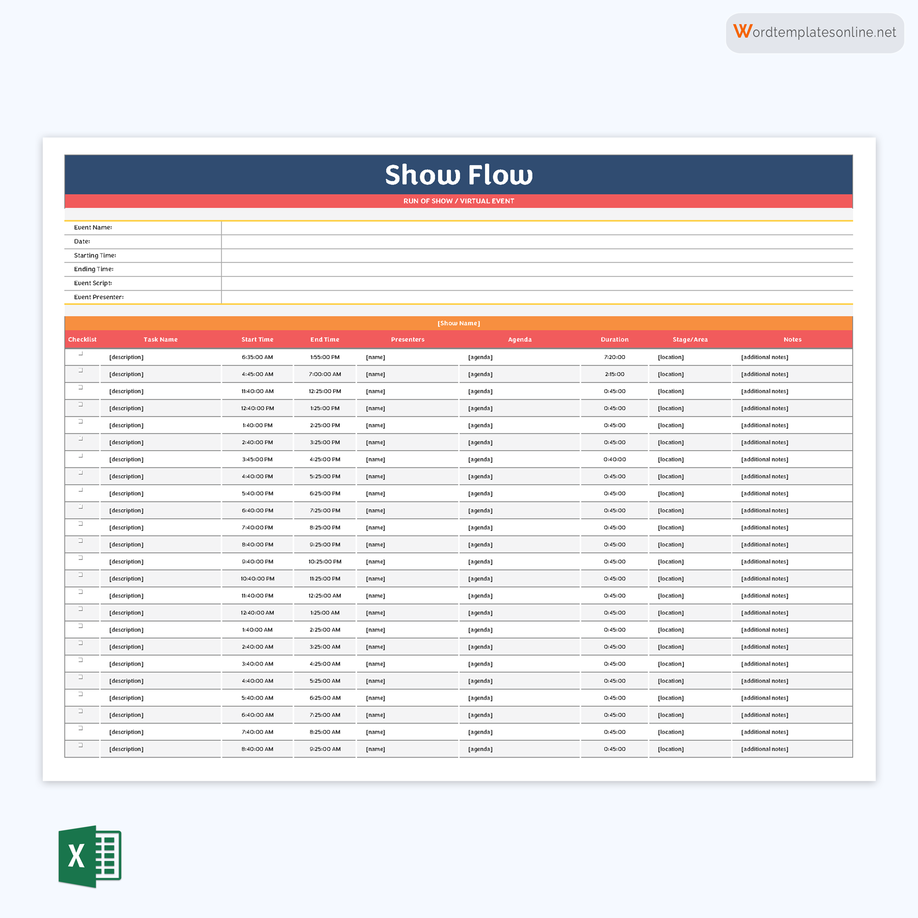 Best Editable Free Event Show Flow Template 05 as Excel Sheet