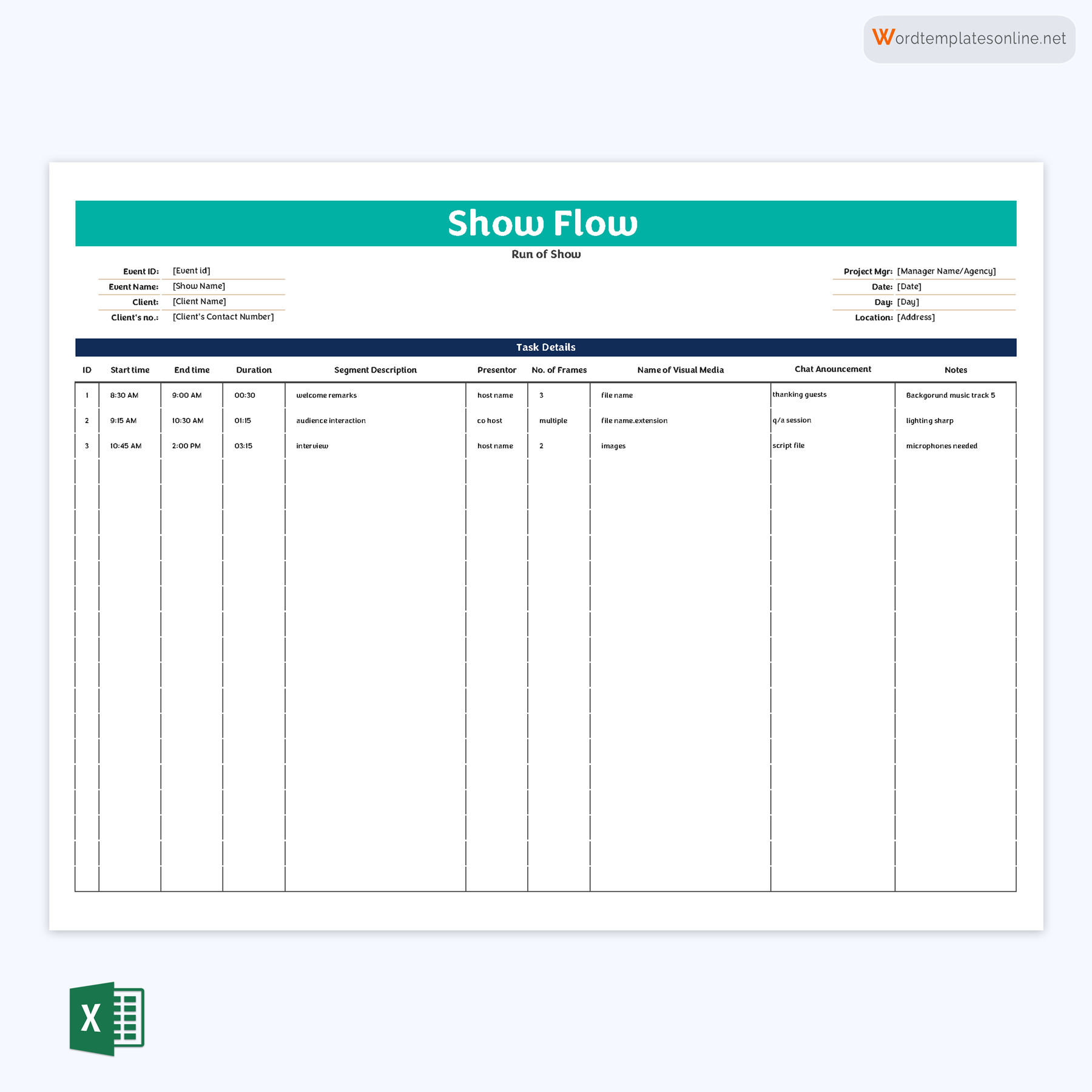 Best Editable Free Event Show Flow Template 06 as Excel Sheet