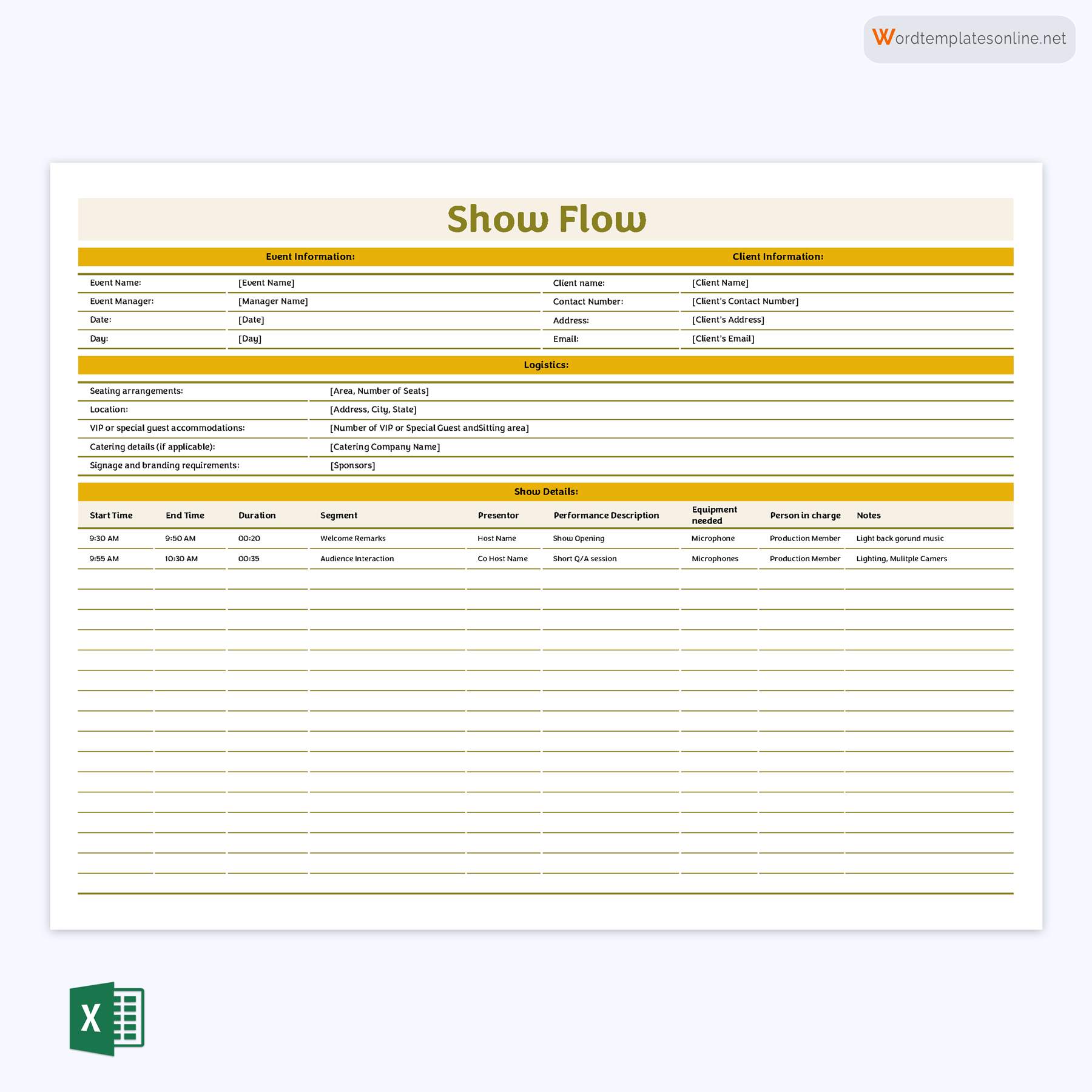 Best Editable Free Event Show Flow Template 08 as Excel Sheet