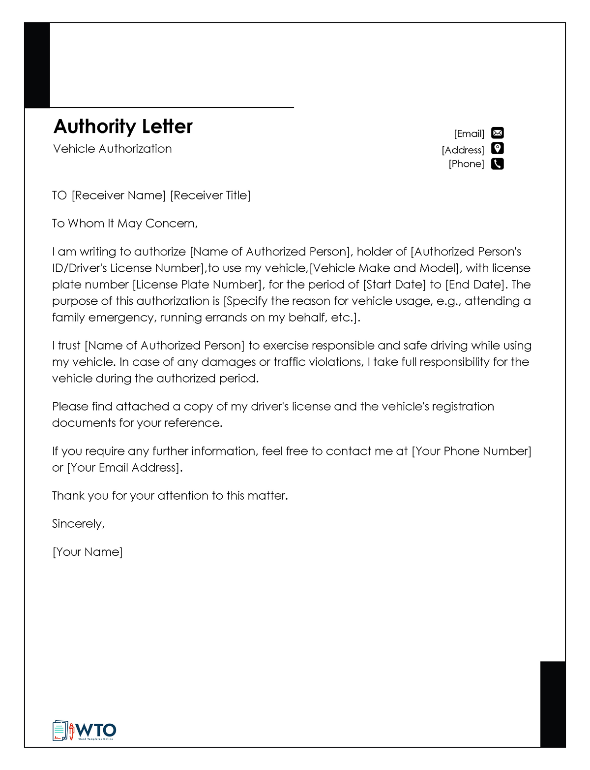 Vehicle Authorization Letter Template-Word Format