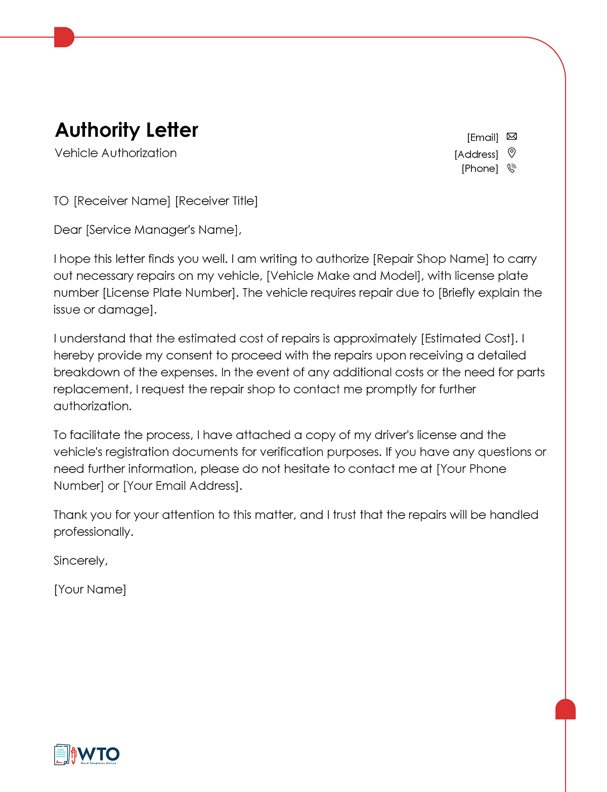 Vehicle Authorization Letter Template-Free Downloadable