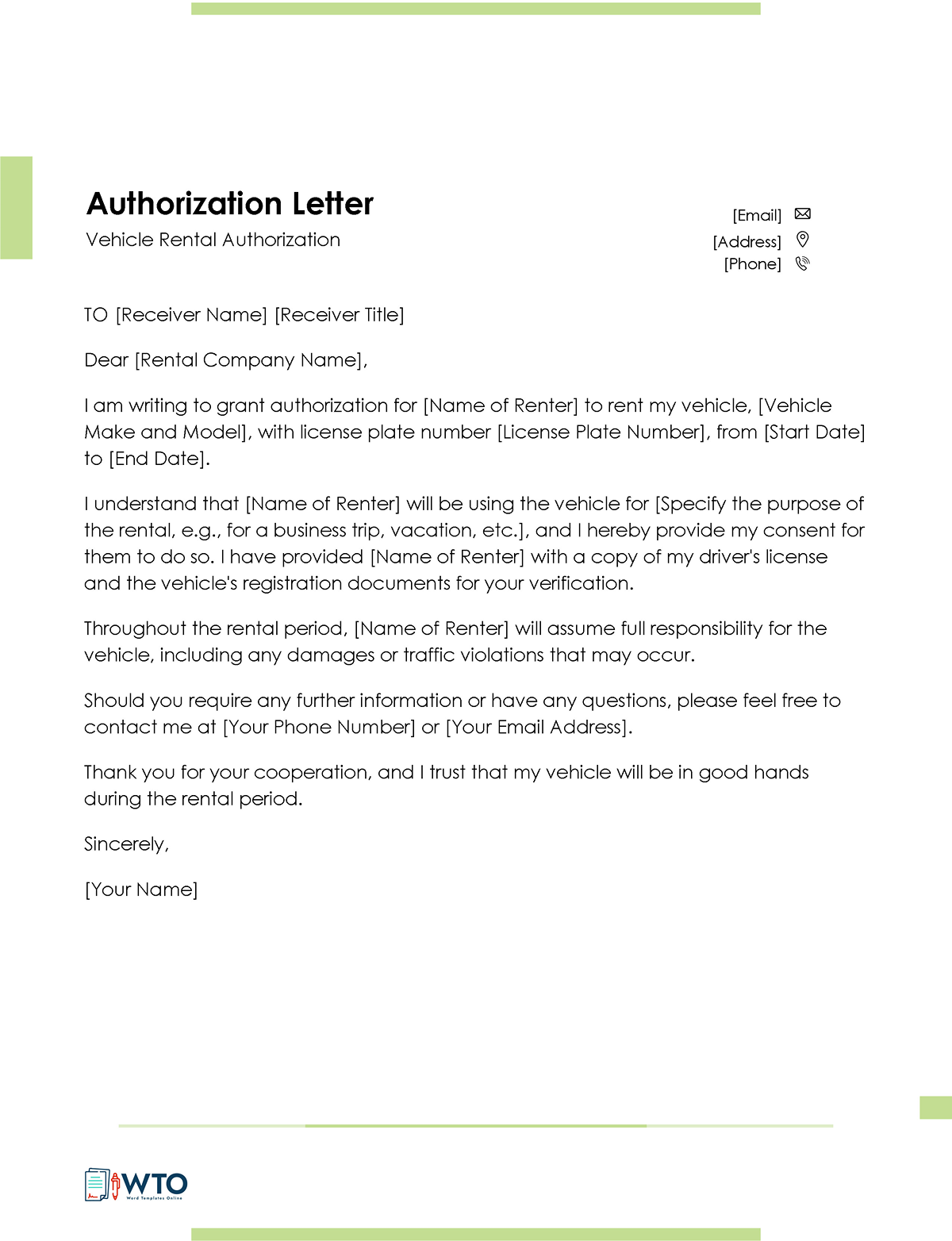 Vehicle Authorization Letter Template-Downloadable word format