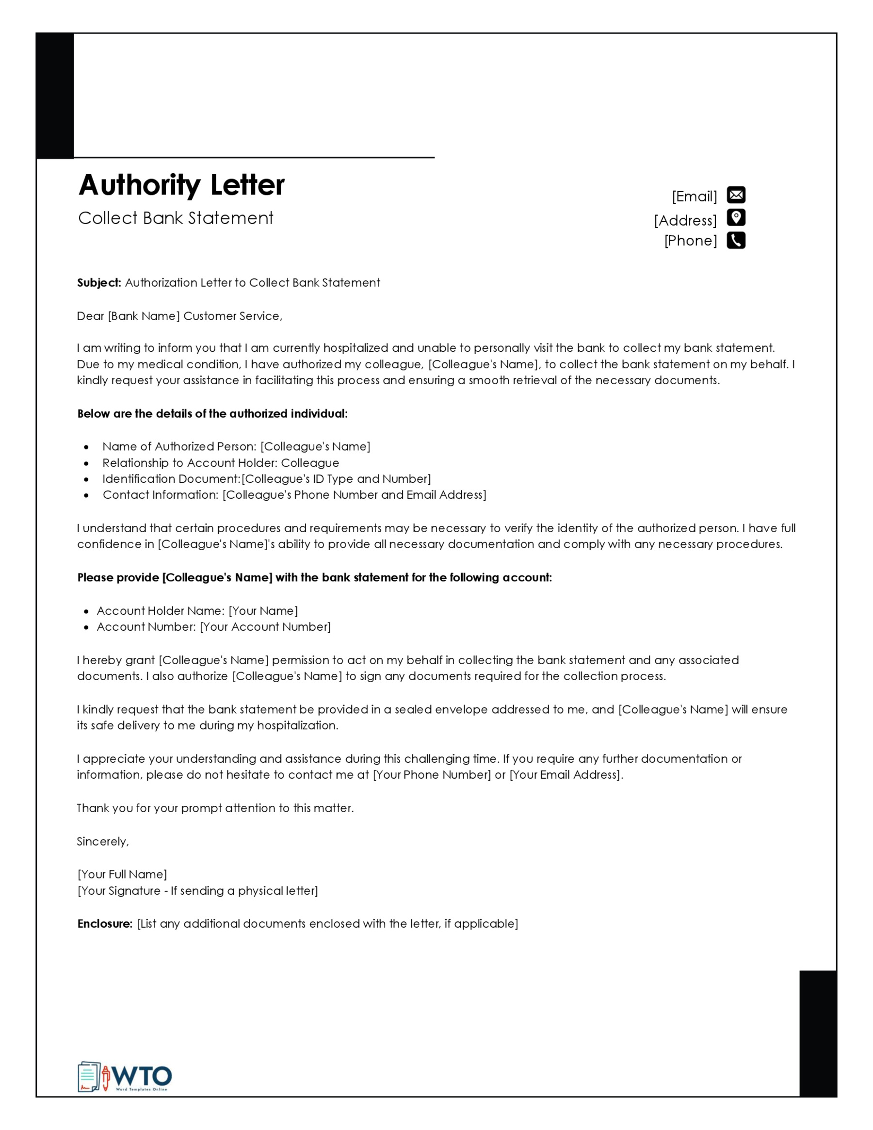 Bank Statement Authorization Letter Template-Word Format