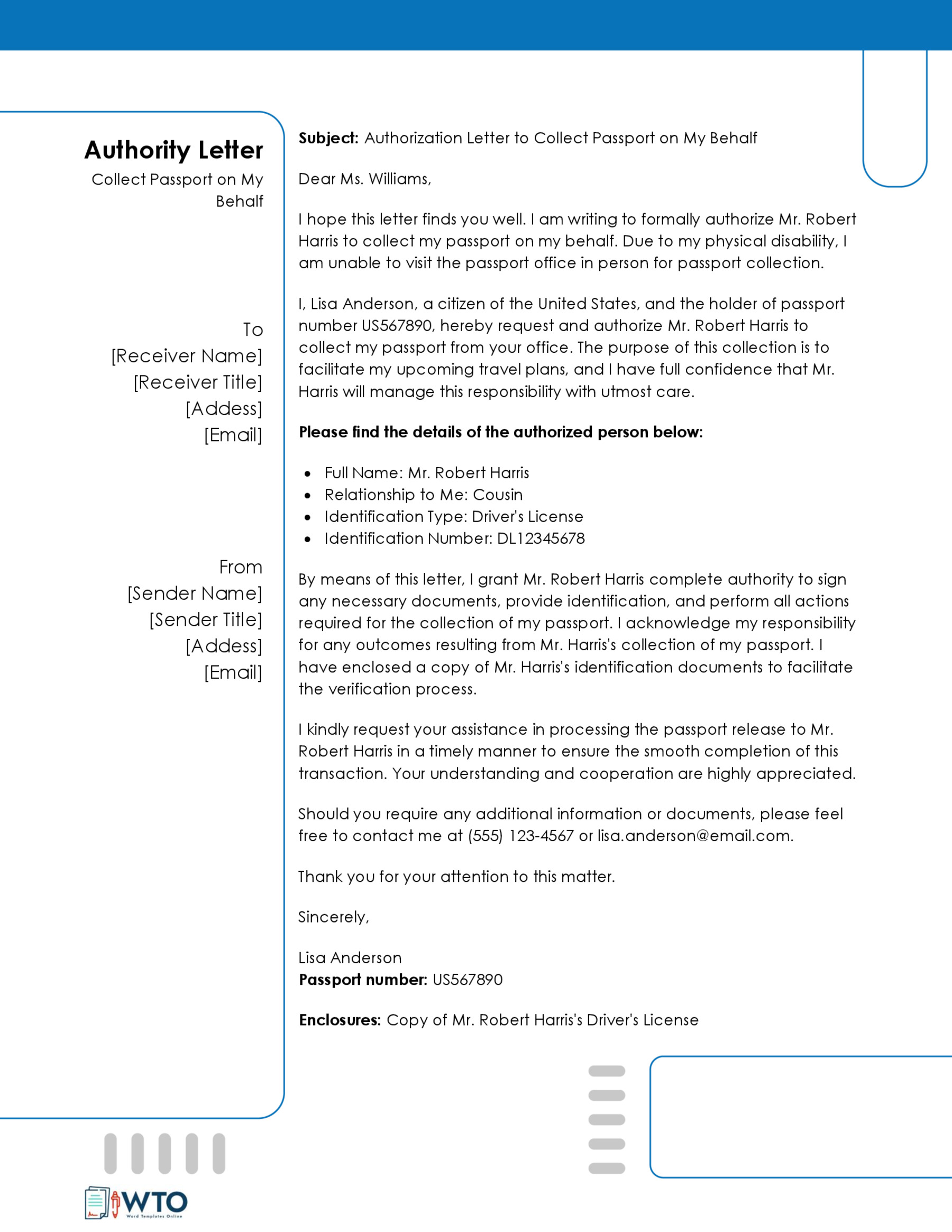 Sample Authorization letter to collect passport-Free Download