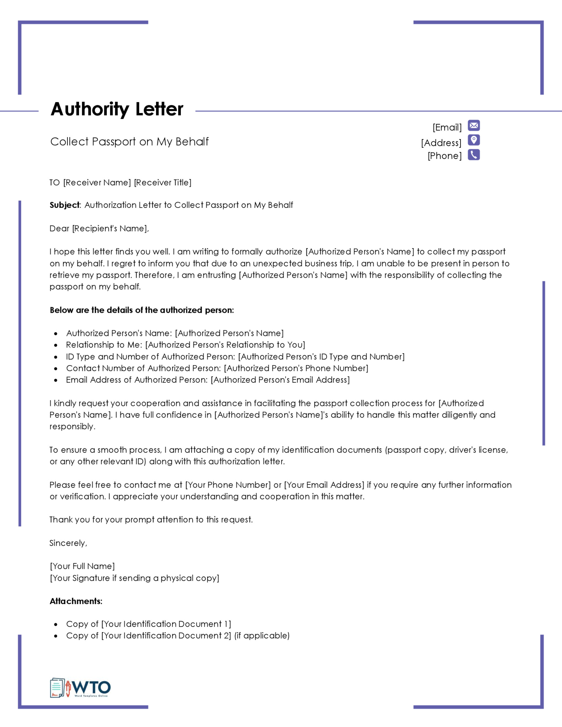 Authorization letter to collect passport Template-Free Download