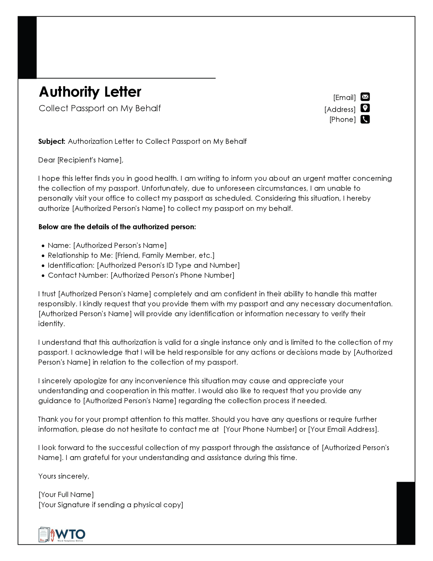 Authorization letter to collect passport Template-Ms word Format