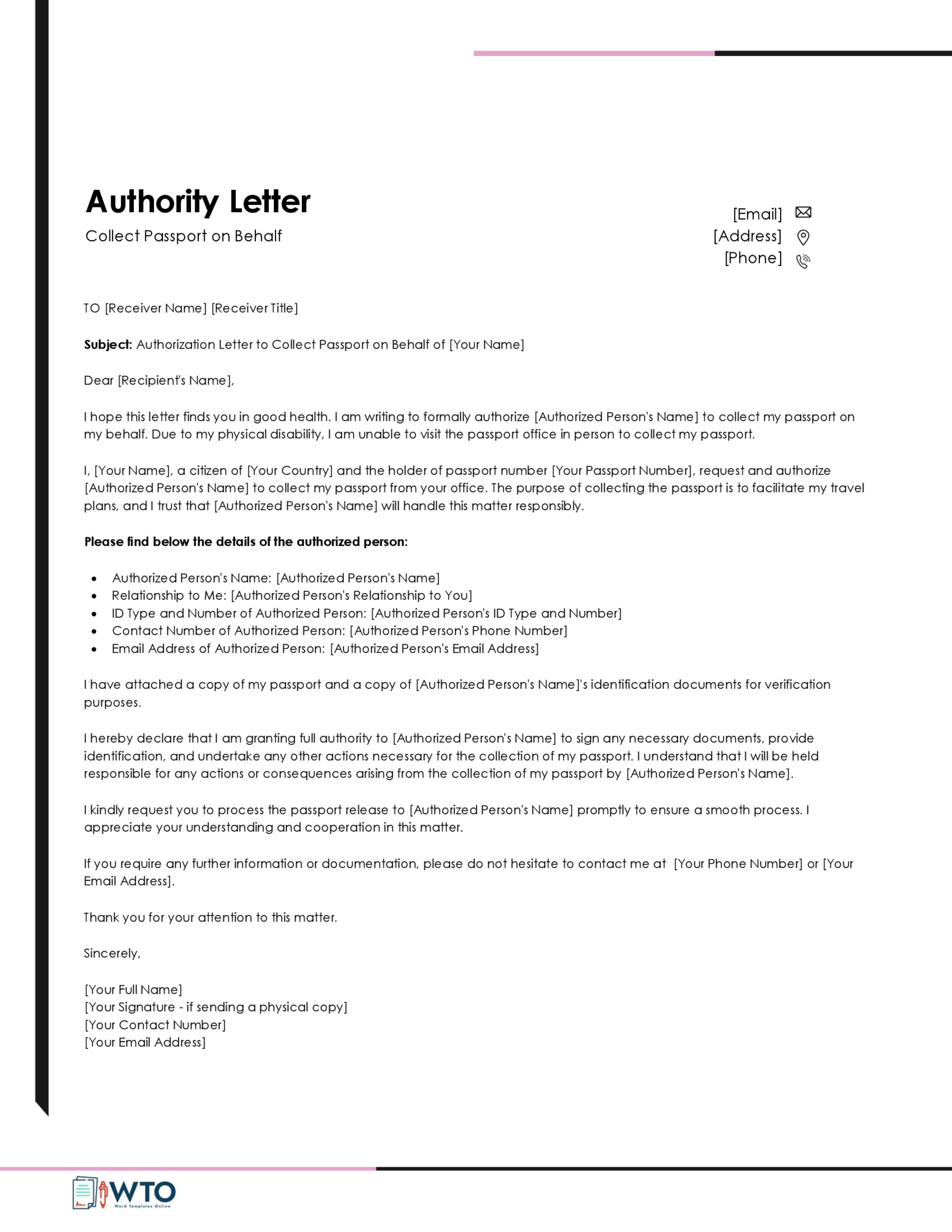 Authorization letter to collect passport Template-Downloadable word format