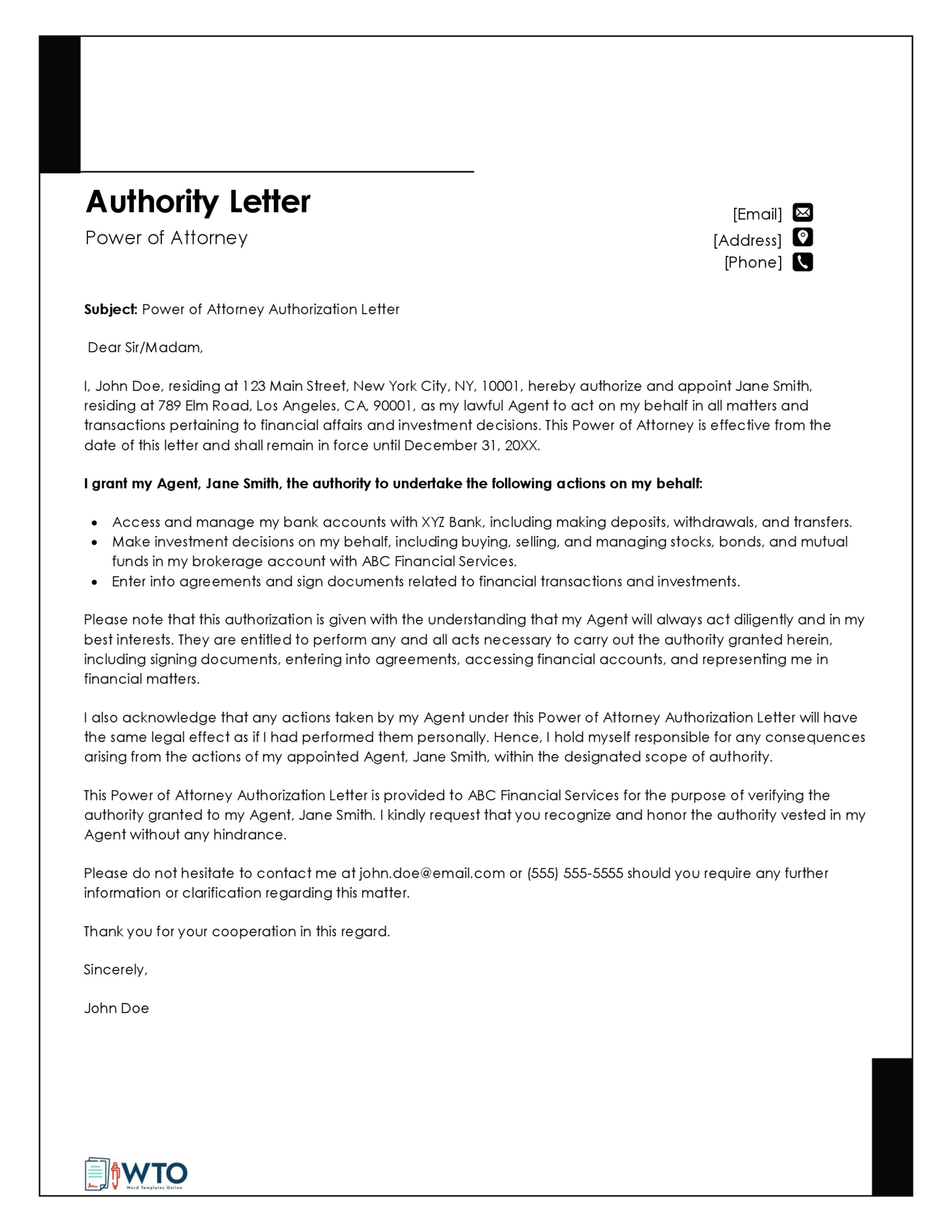 Editable Power of Attorney Authorization Letter Sample 02 for Word