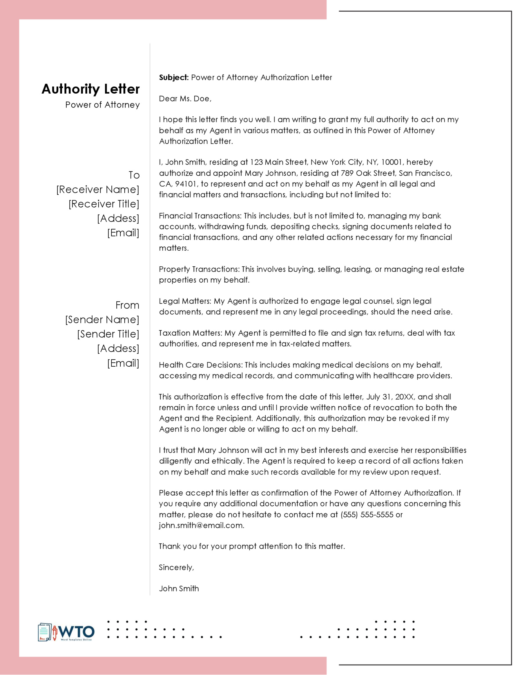 Free Power of Attorney Authorization Letter Sample 03 for Word