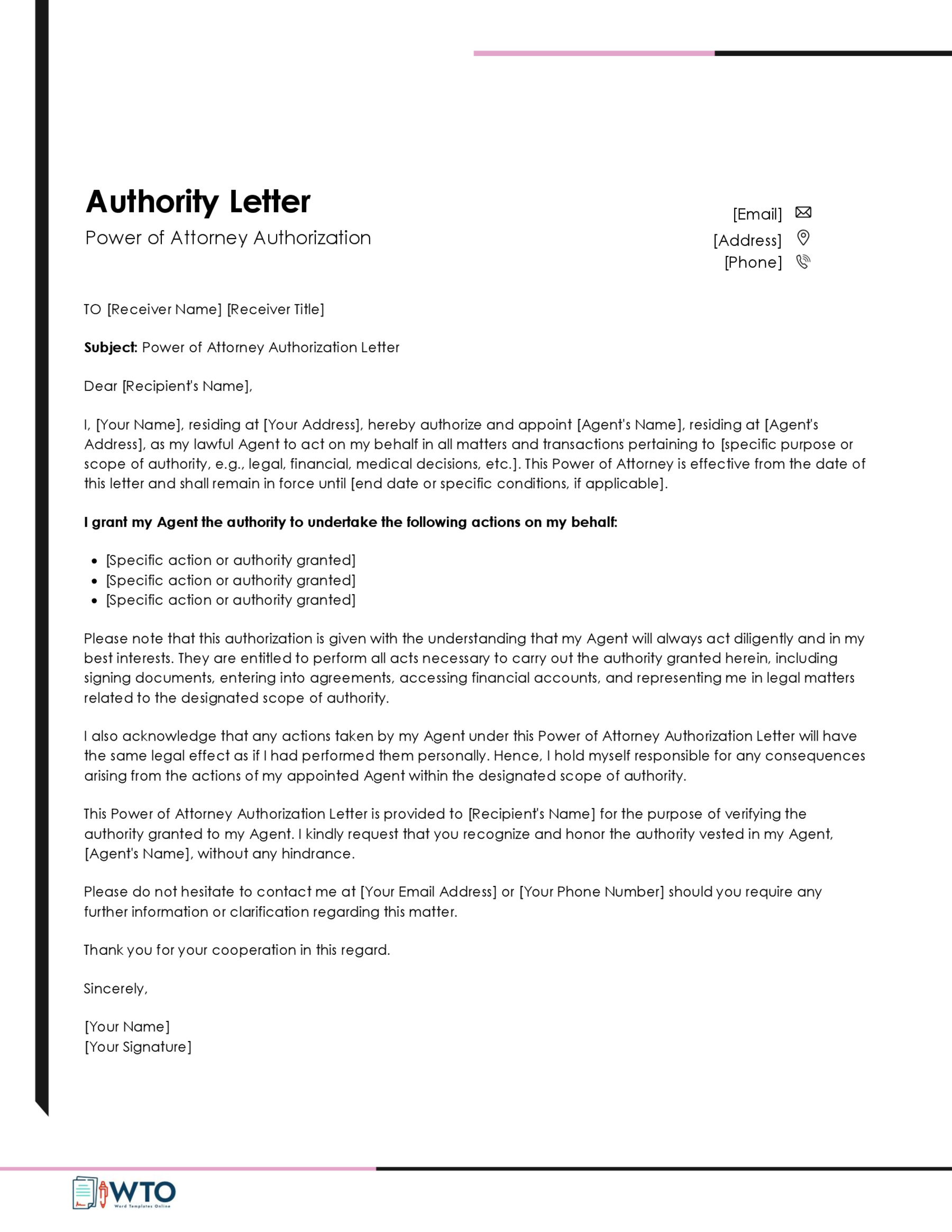 Editable Power of Attorney Authorization Letter Template 02 for Word