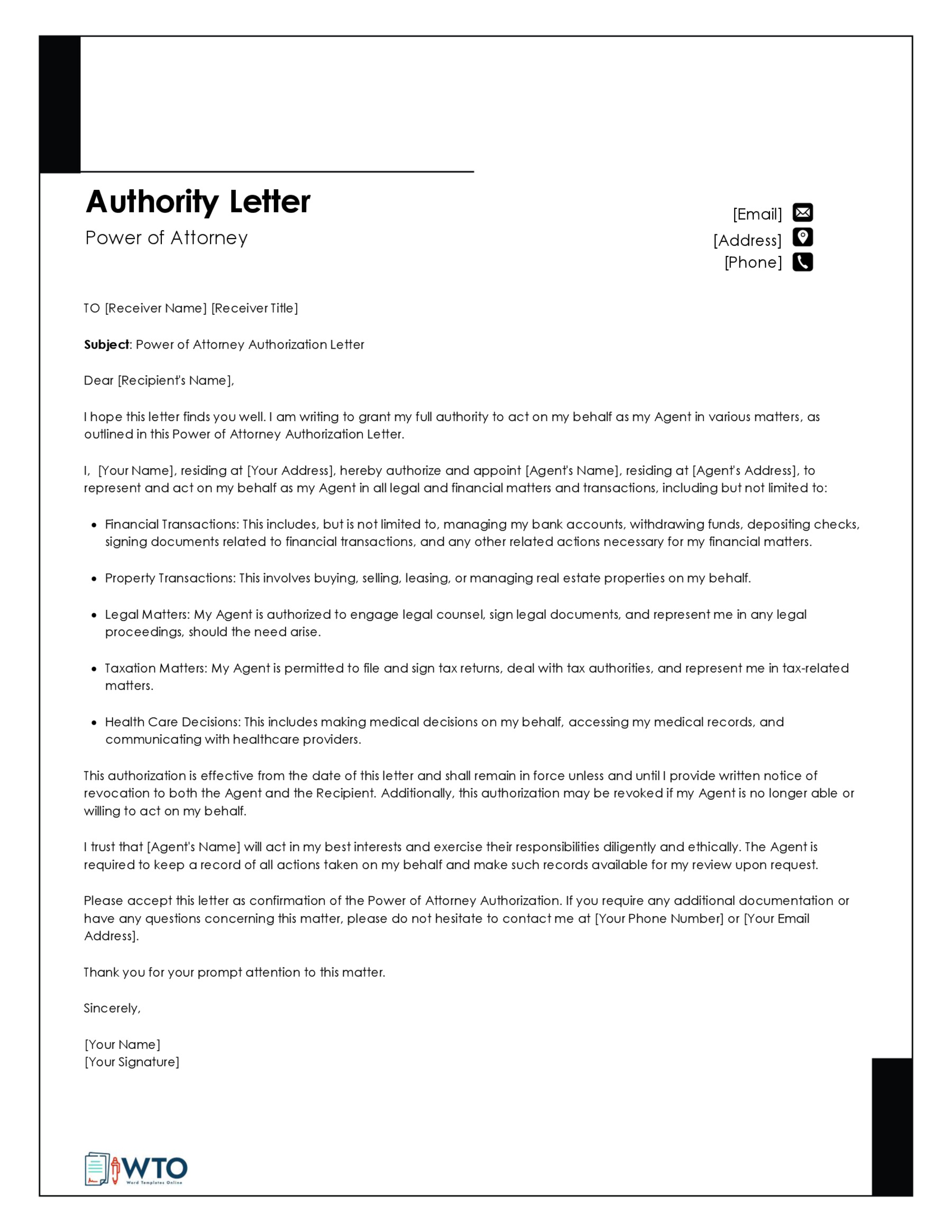 Free Power of Attorney Authorization Letter Template 03 for Word