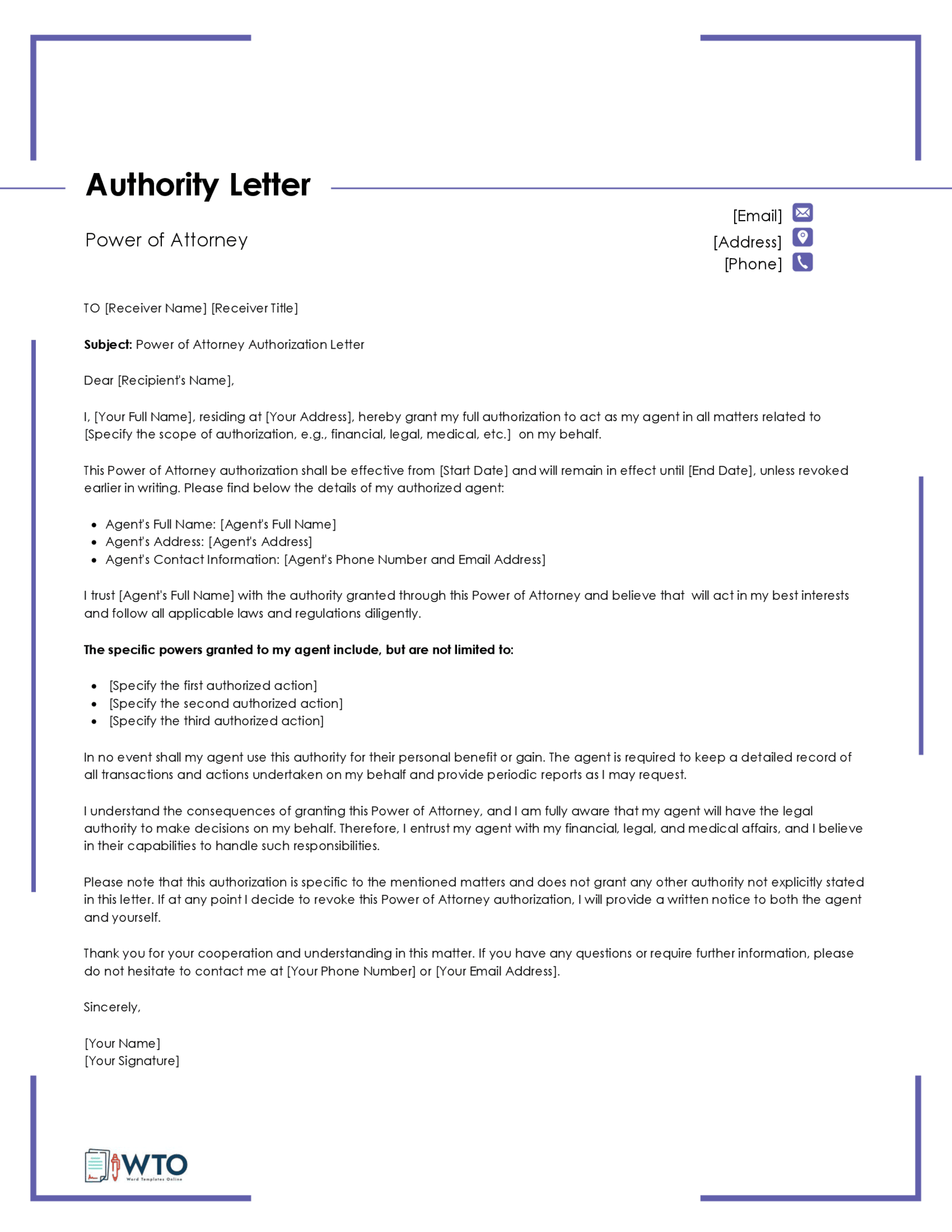 Editable Power of Attorney Authorization Letter Template 04 for Word