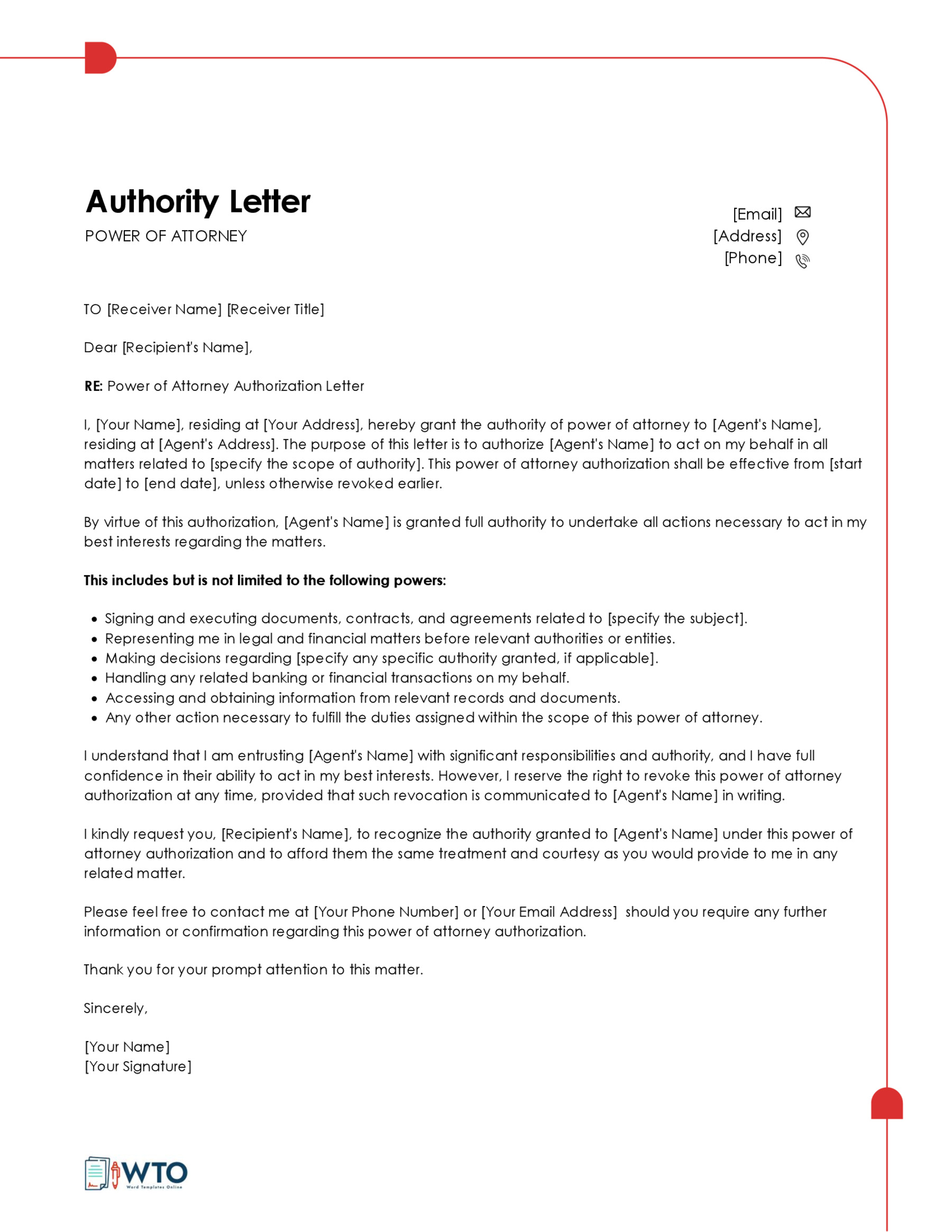 Free Power of Attorney Authorization Letter Template 05 for Word