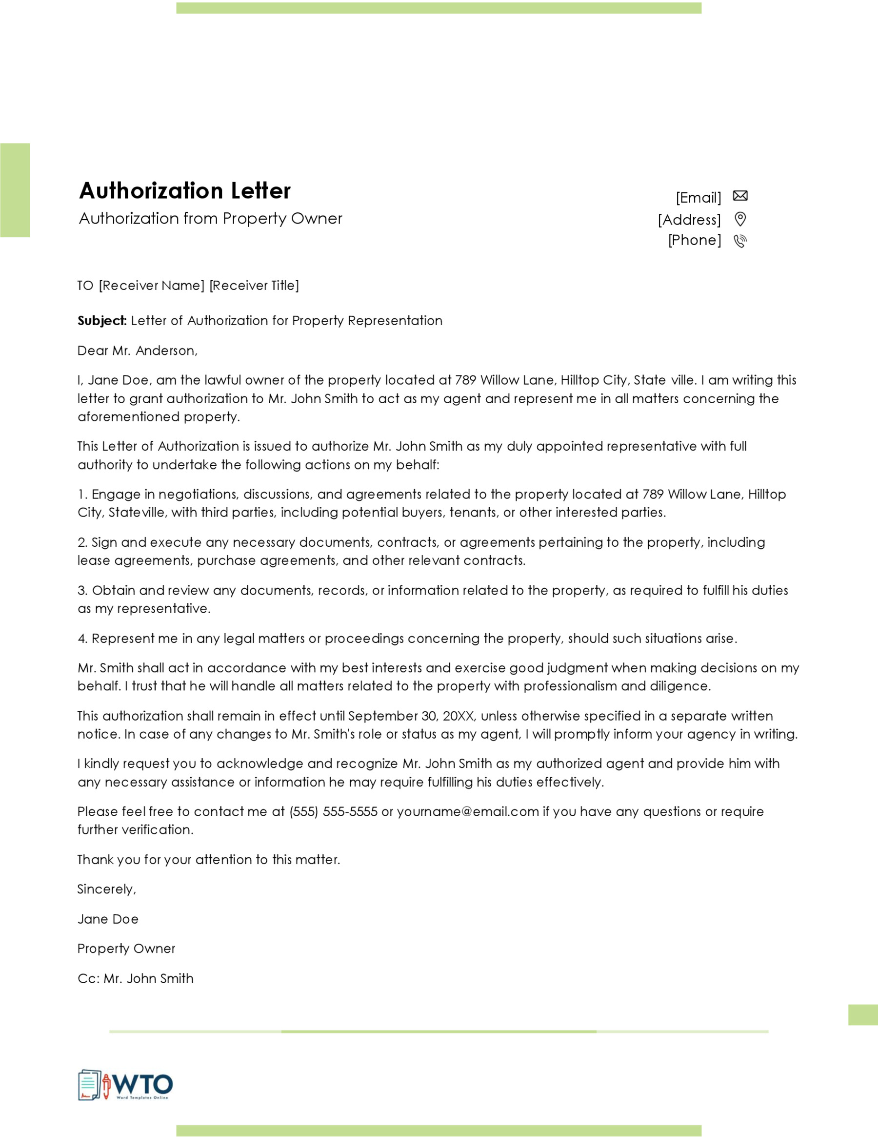 Sample Letter of Authorization from Property Owner-Free Downloadable In Ms Word