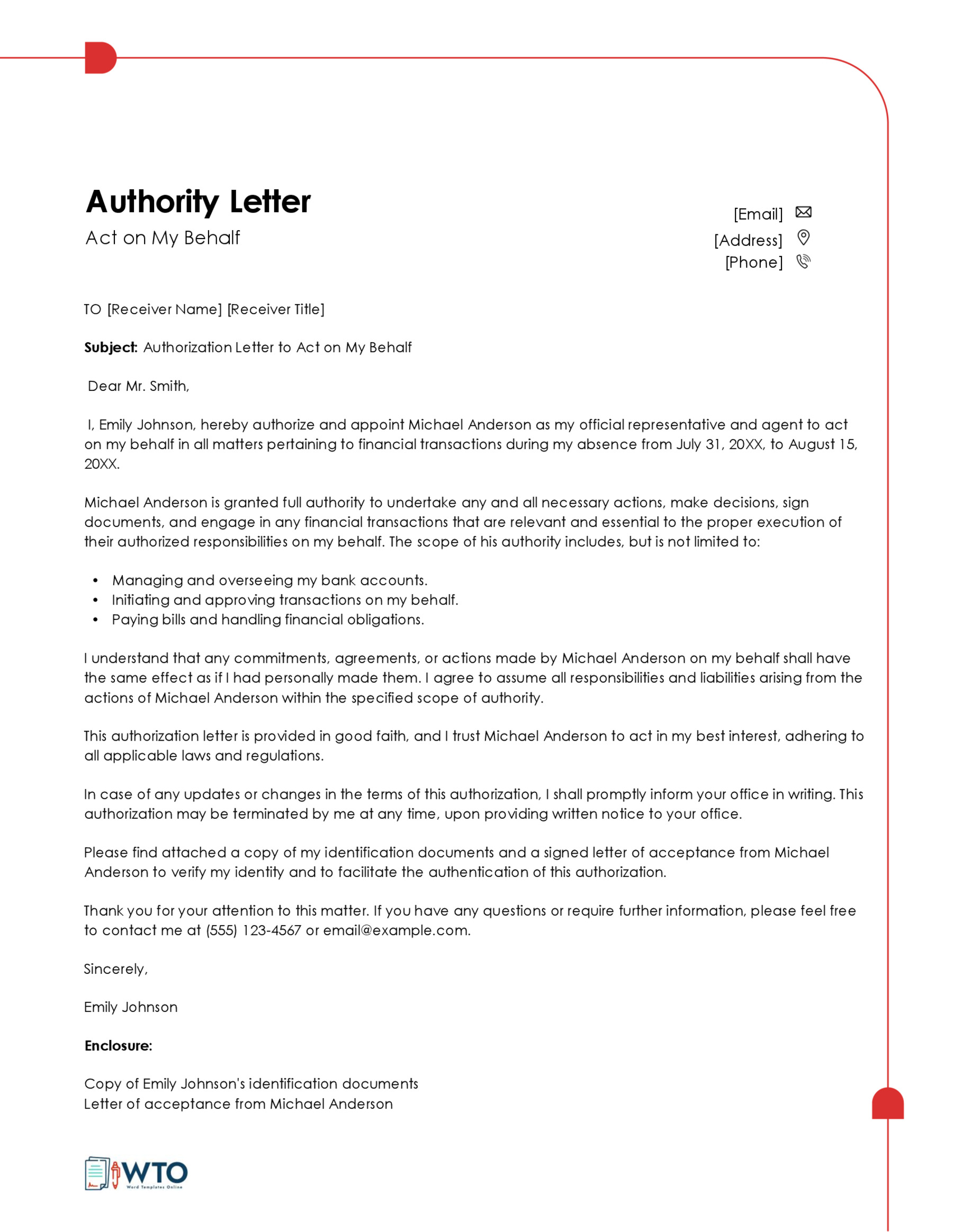 Free Downloadable Act on Behalf Authorization Letter Sample 01 for Word Document
