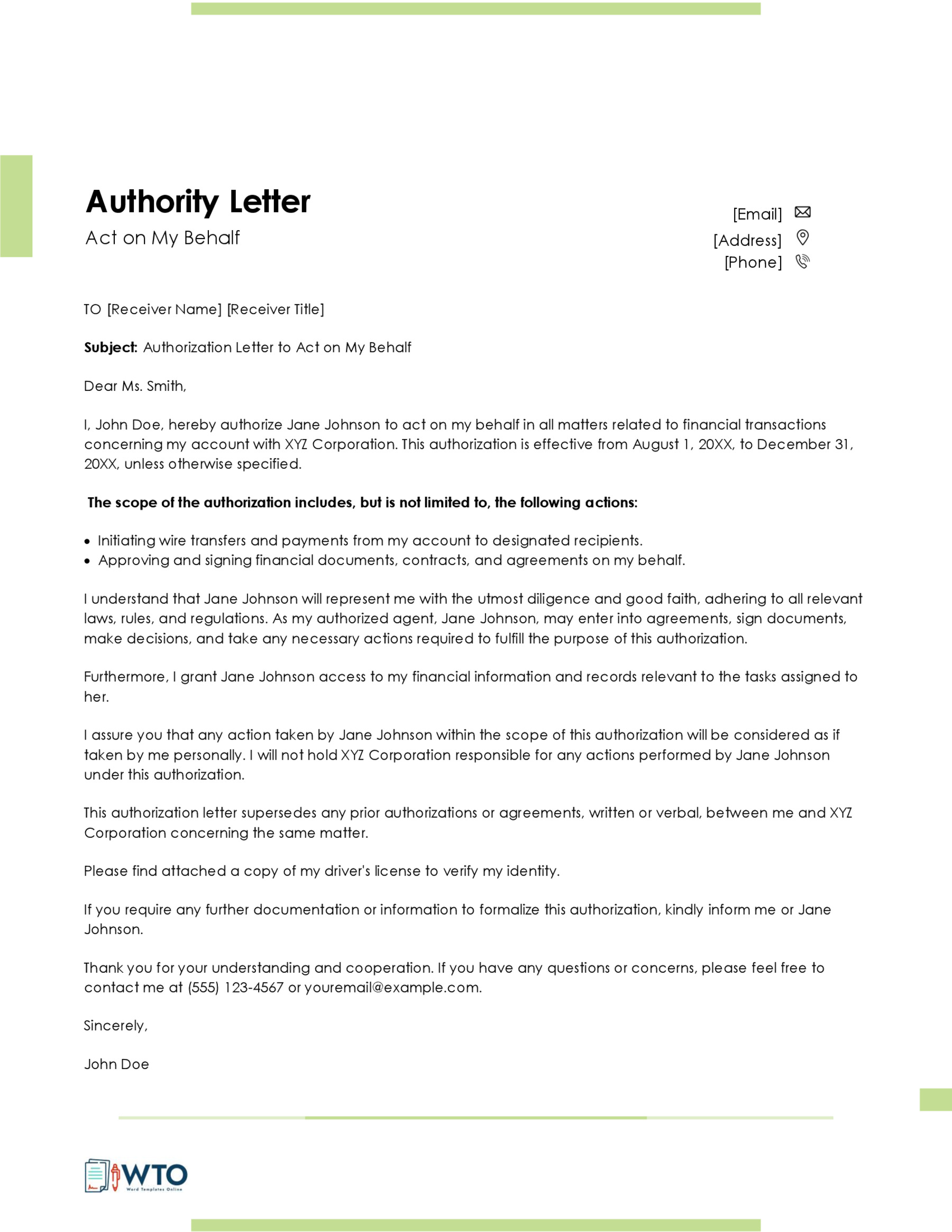 Free Downloadable Act on Behalf Authorization Letter Sample 02 for Word Document