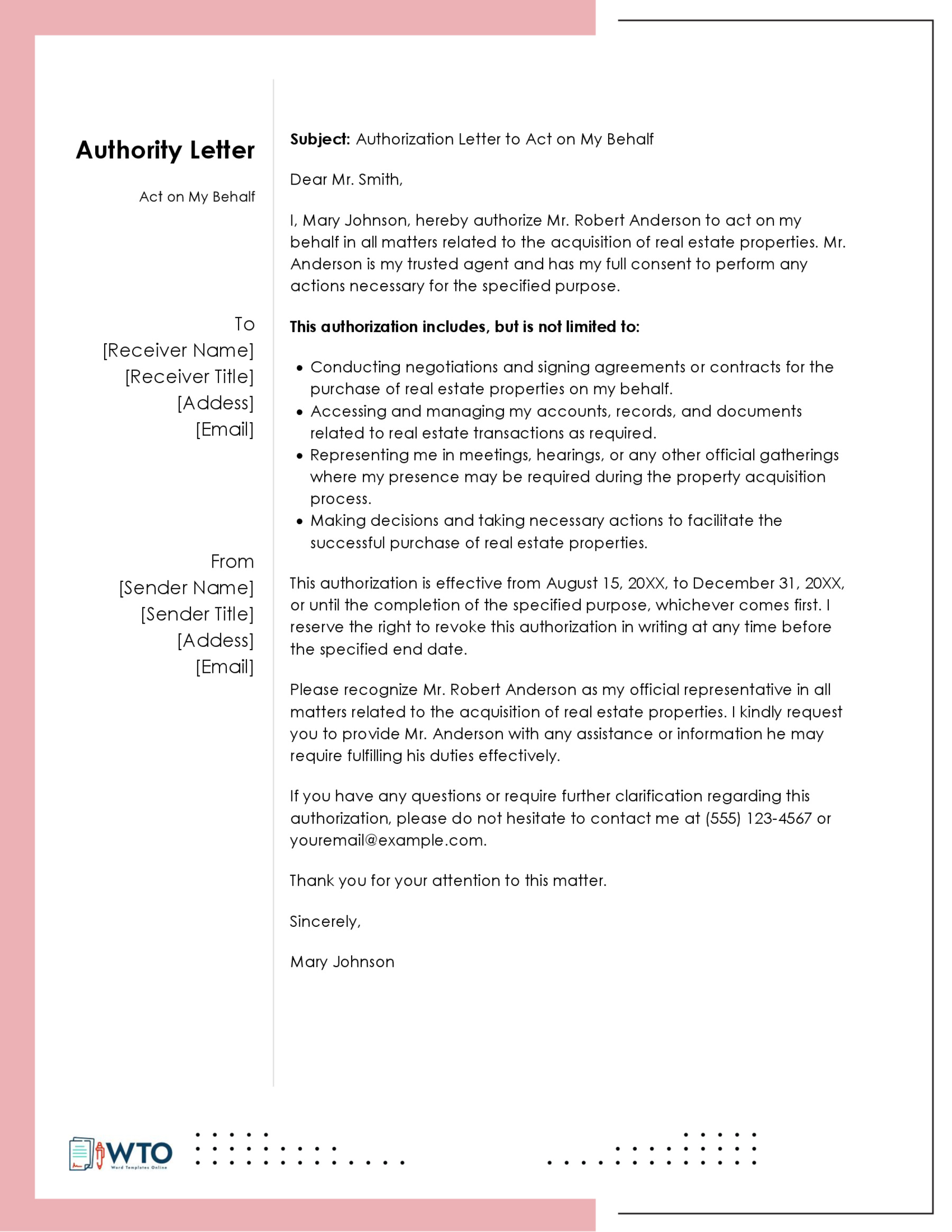 Free Downloadable Act on Behalf Authorization Letter Sample 03 for Word Document