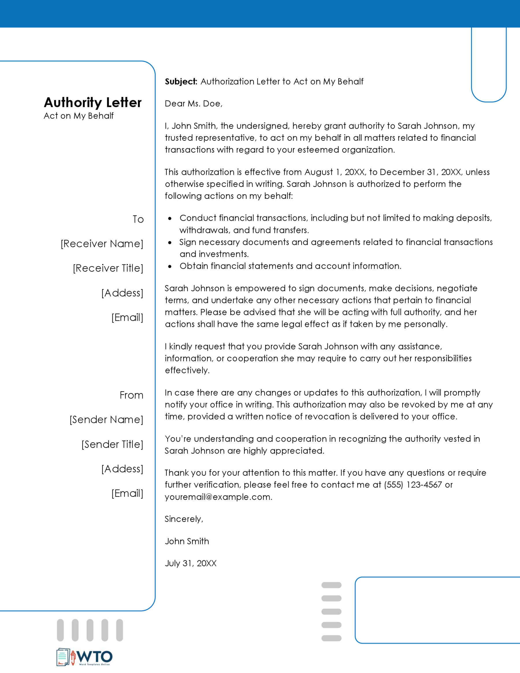Free Downloadable Act on Behalf Authorization Letter Sample 04 for Word Document