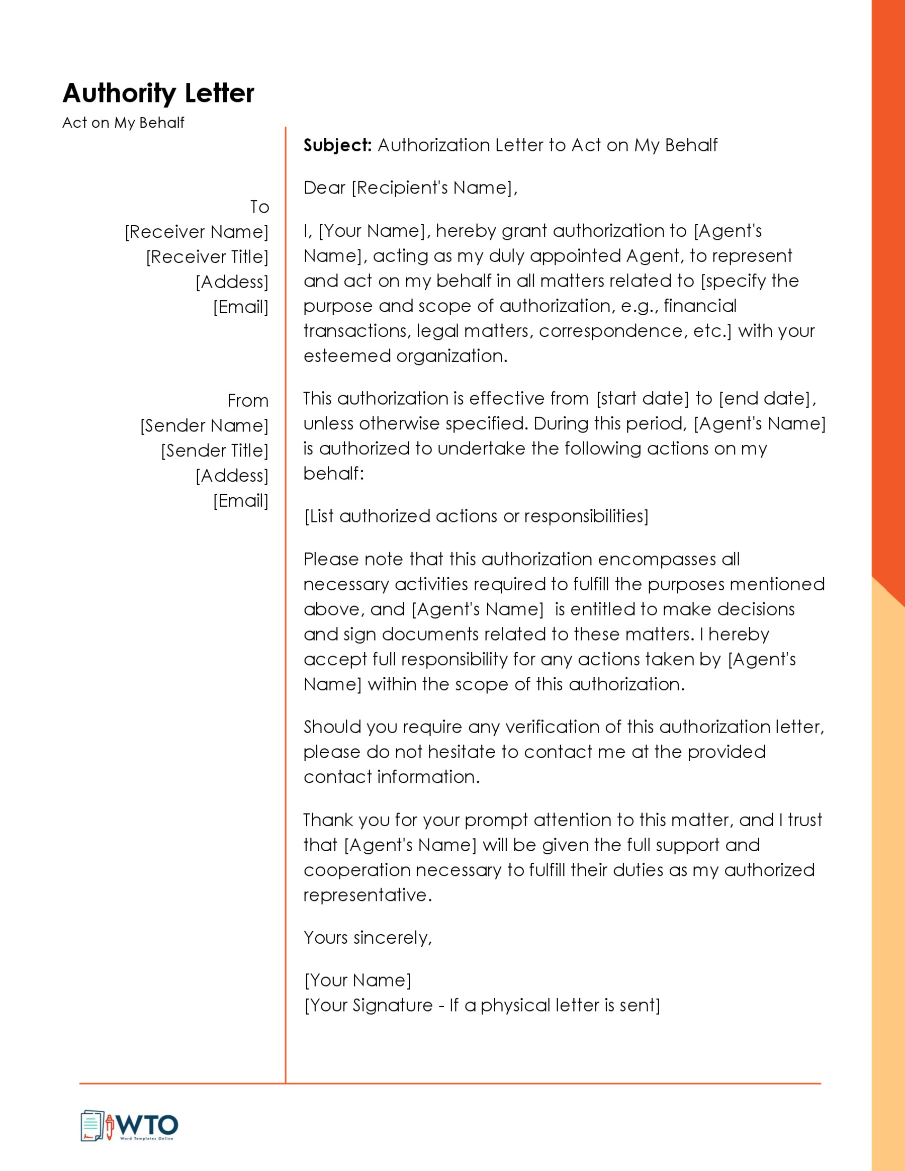 Free Editable Act on Behalf Authorization Letter Template 01 for Word Document