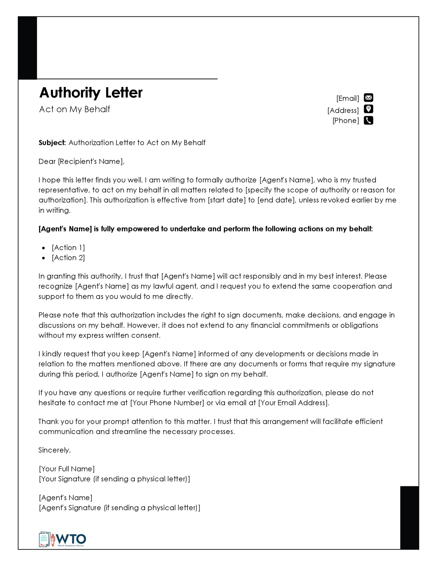 Free Editable Act on Behalf Authorization Letter Template 02 for Word Document