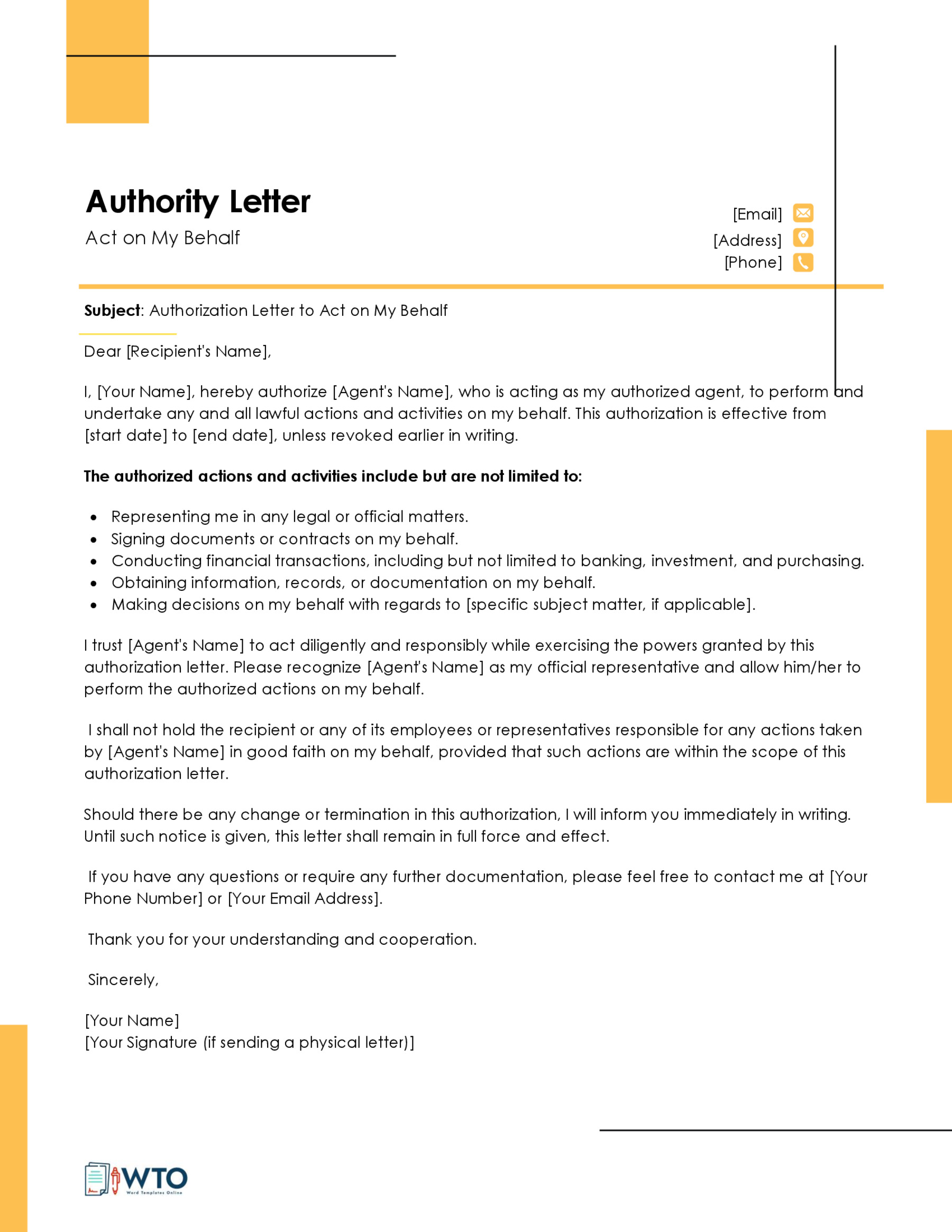 Authorization Letter to act Template- Ms word free download