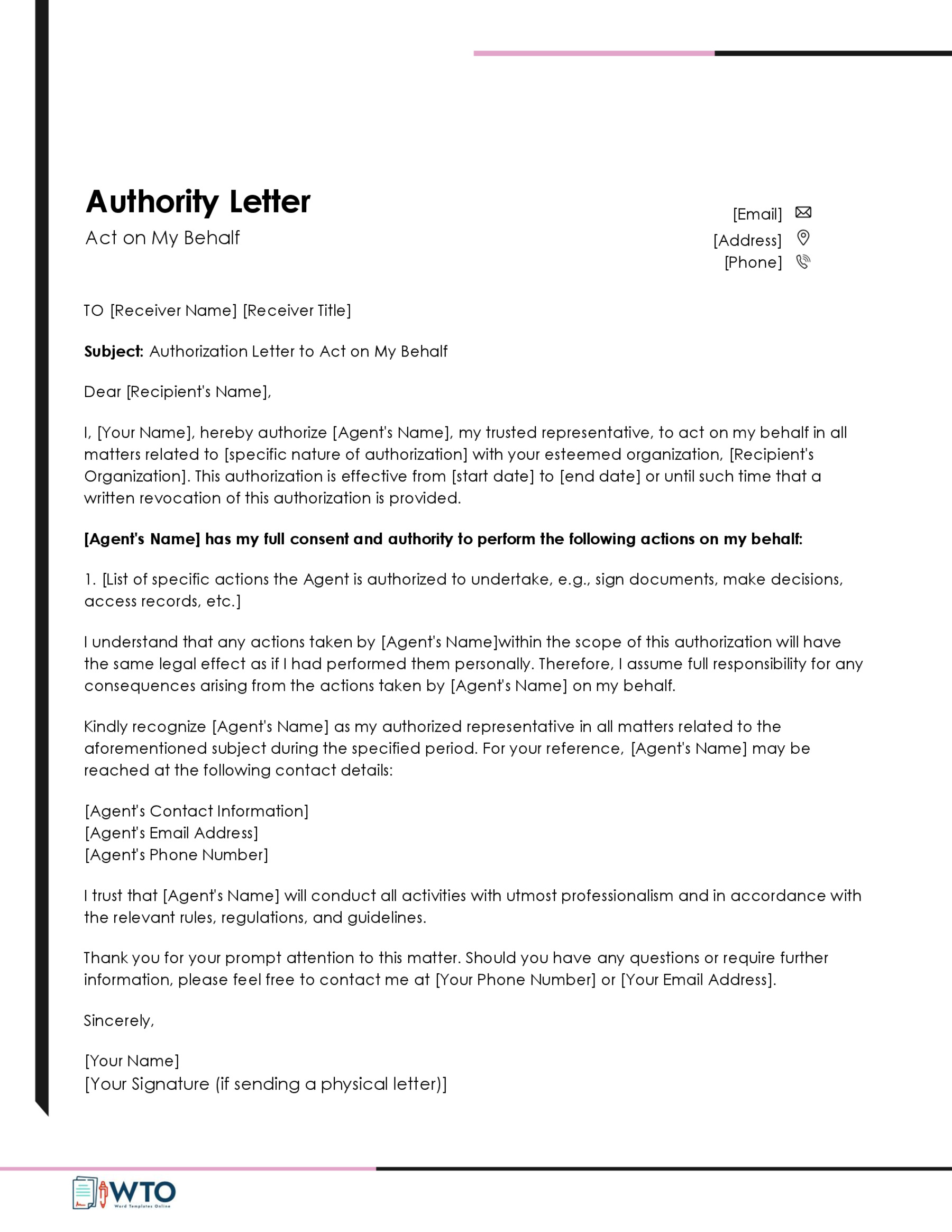 Free Editable Act on Behalf Authorization Letter Template 04 for Word Document