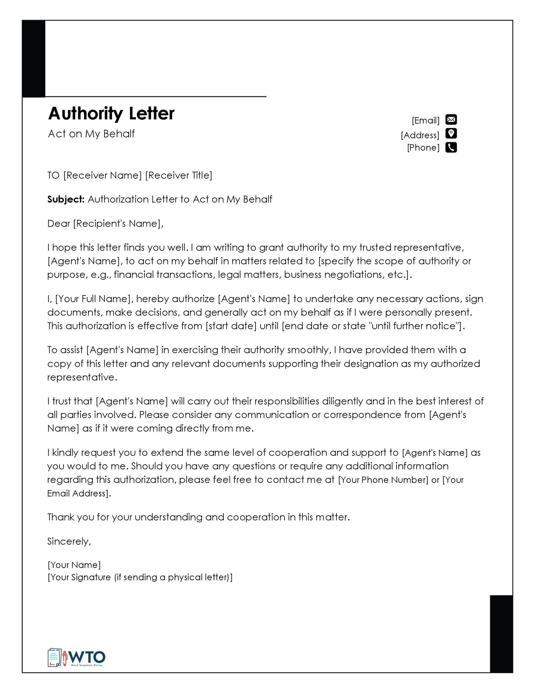 Free Editable Act on Behalf Authorization Letter Template 05 for Word Document