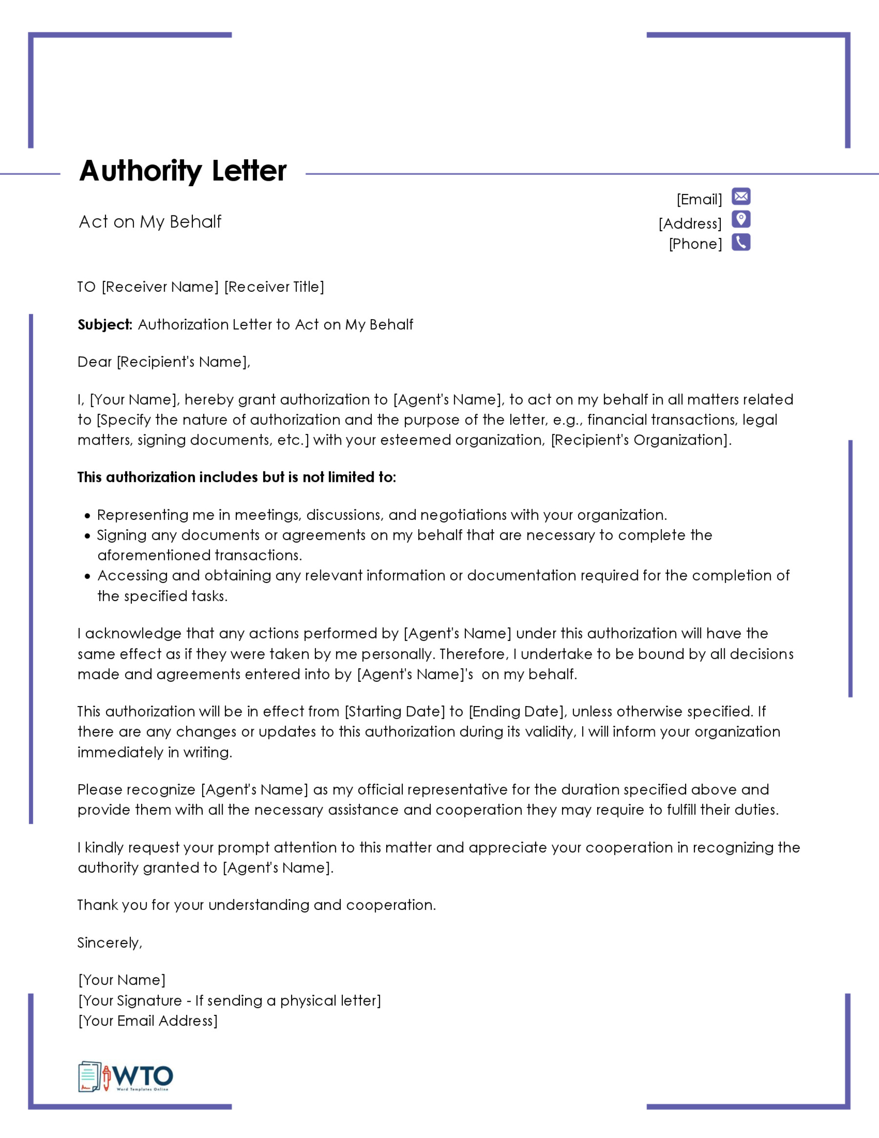 Free Editable Act on Behalf Authorization Letter Template 06 for Word Document