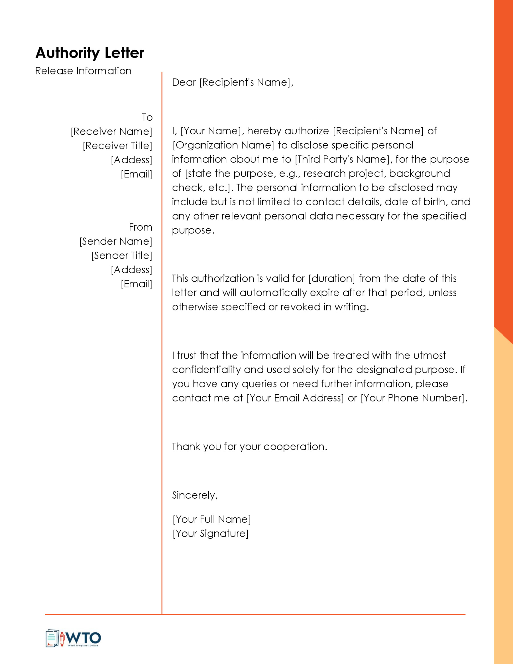 Authorization Letter to Release Information Template-Ms word Format
