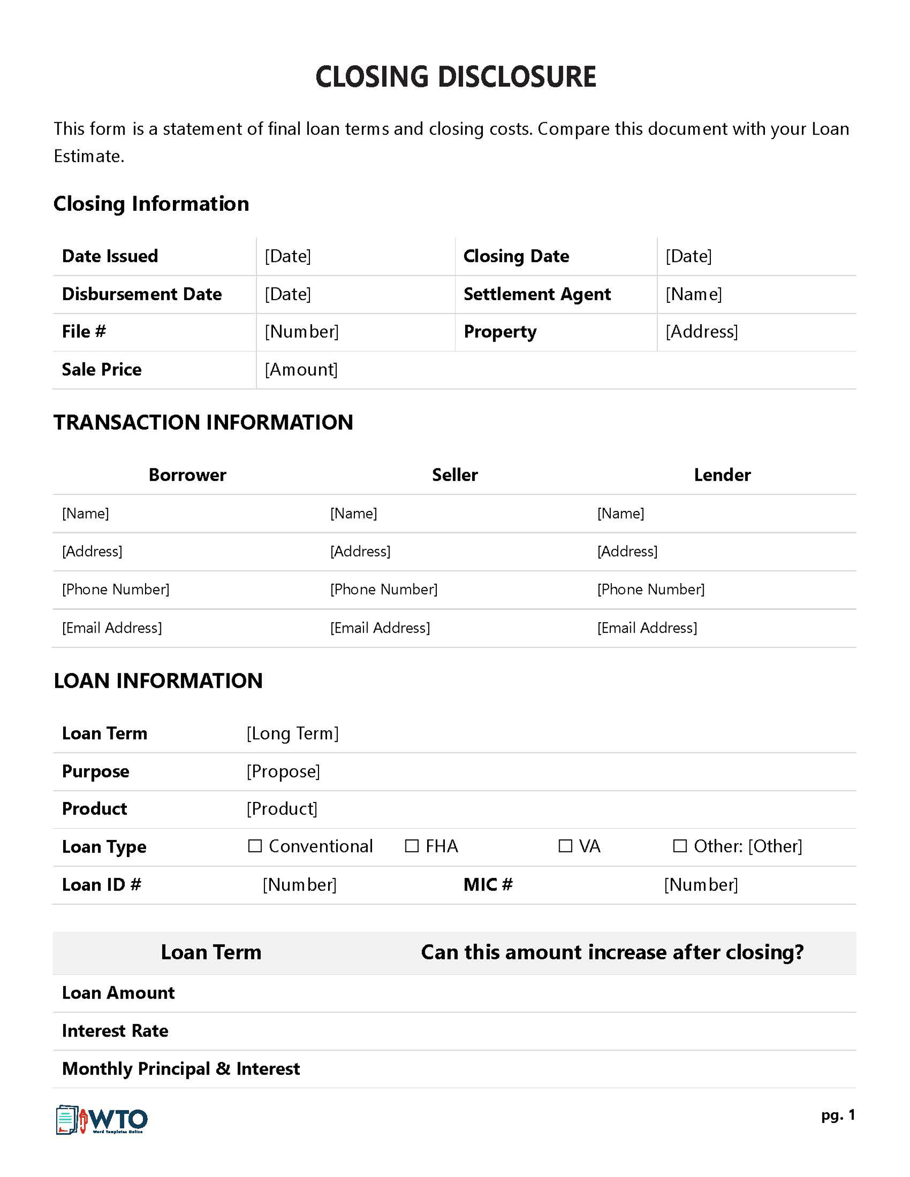 Printable Closing Disclosure Blank Form Example