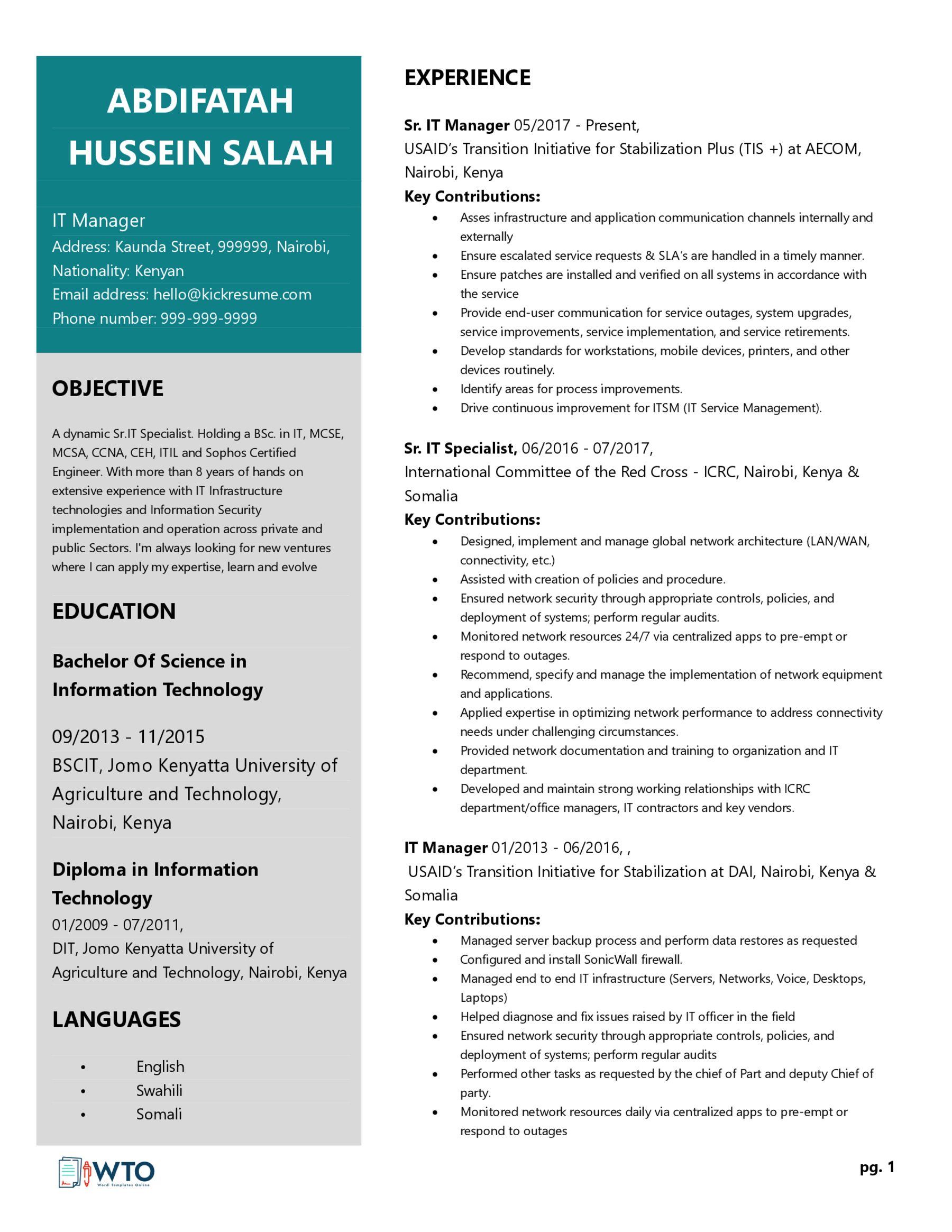 Free IT Manager Resume Template - Editable Format