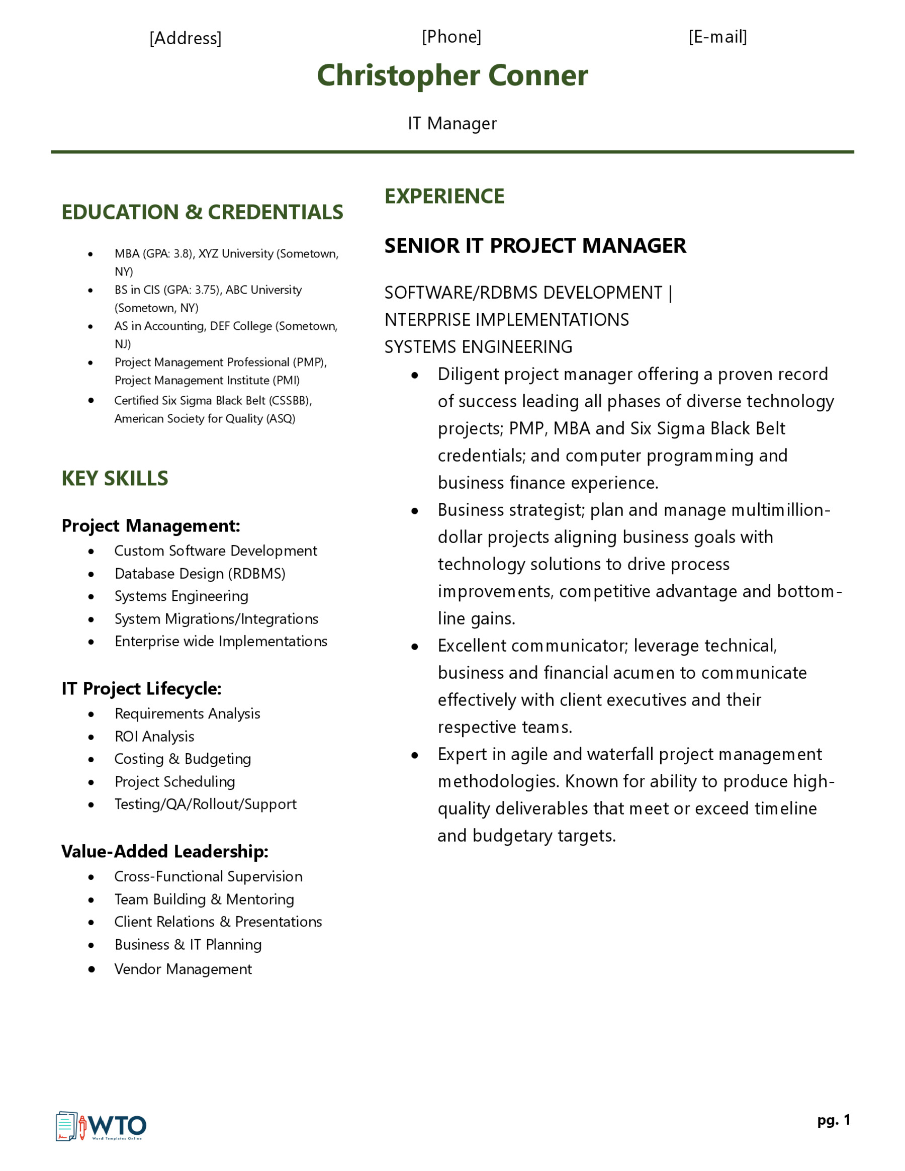 IT Manager Resume Example - Sample Document