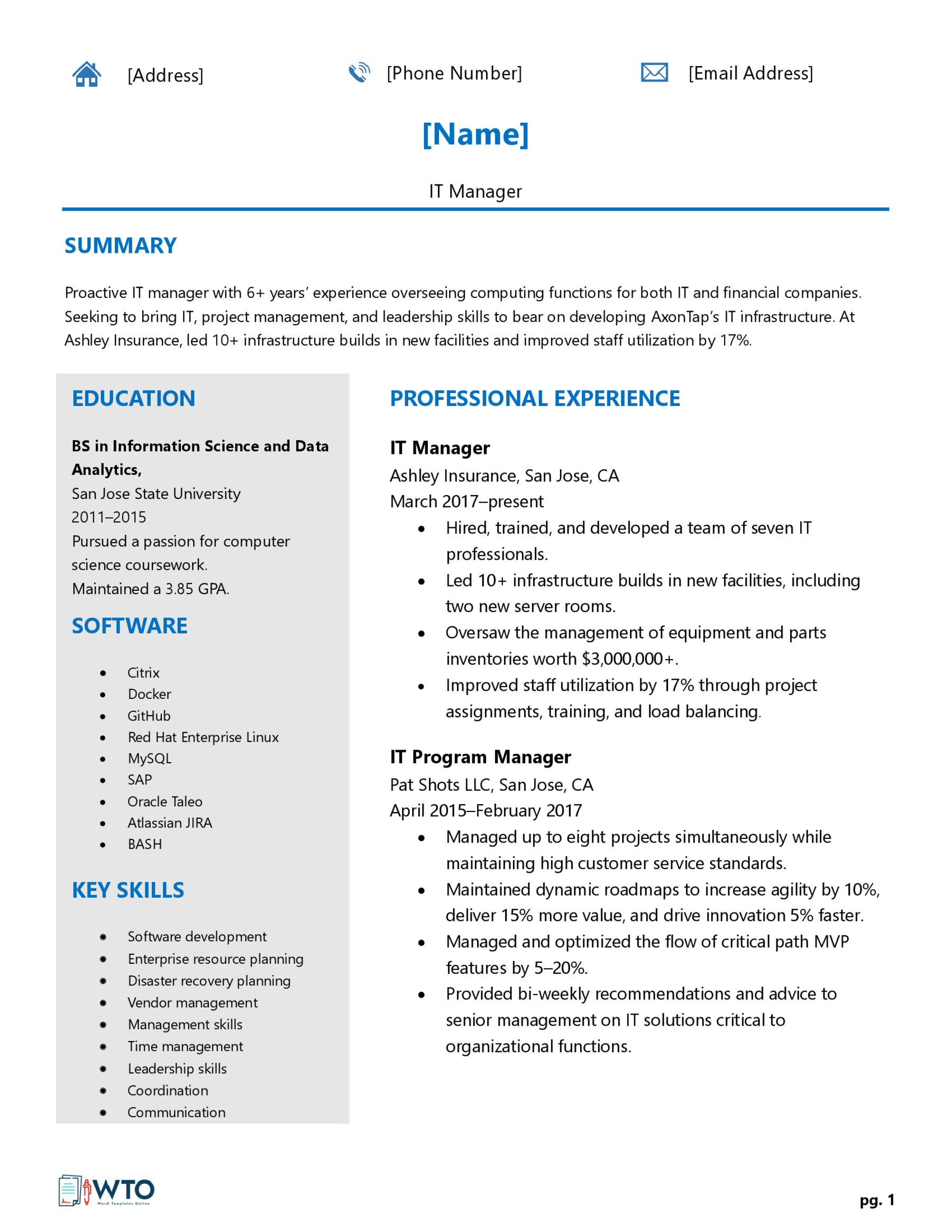 IT Manager CV Format - Comprehensive Sample