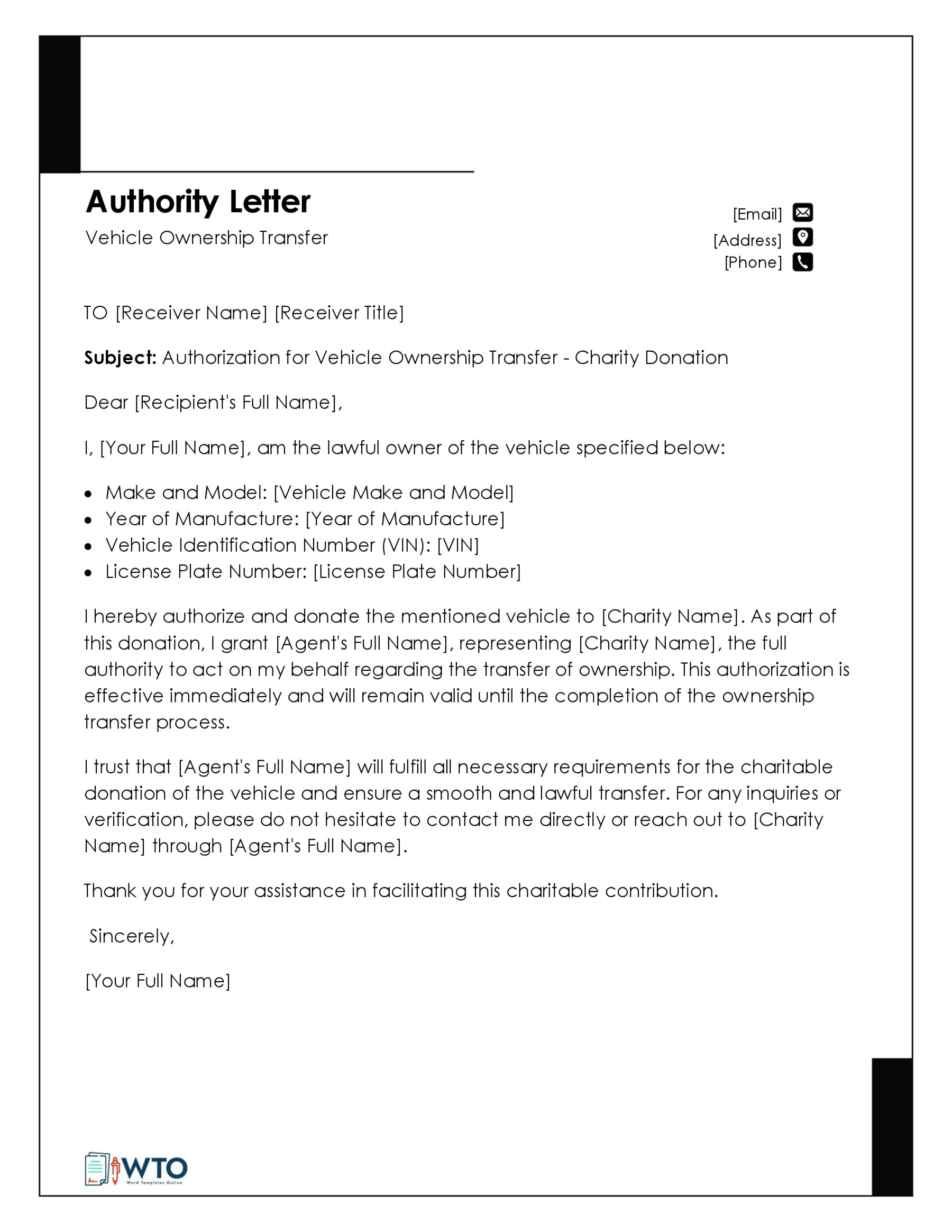 Authorization Letter Transfer Vehicle Ownership Letter Template-Free Ms Word Format