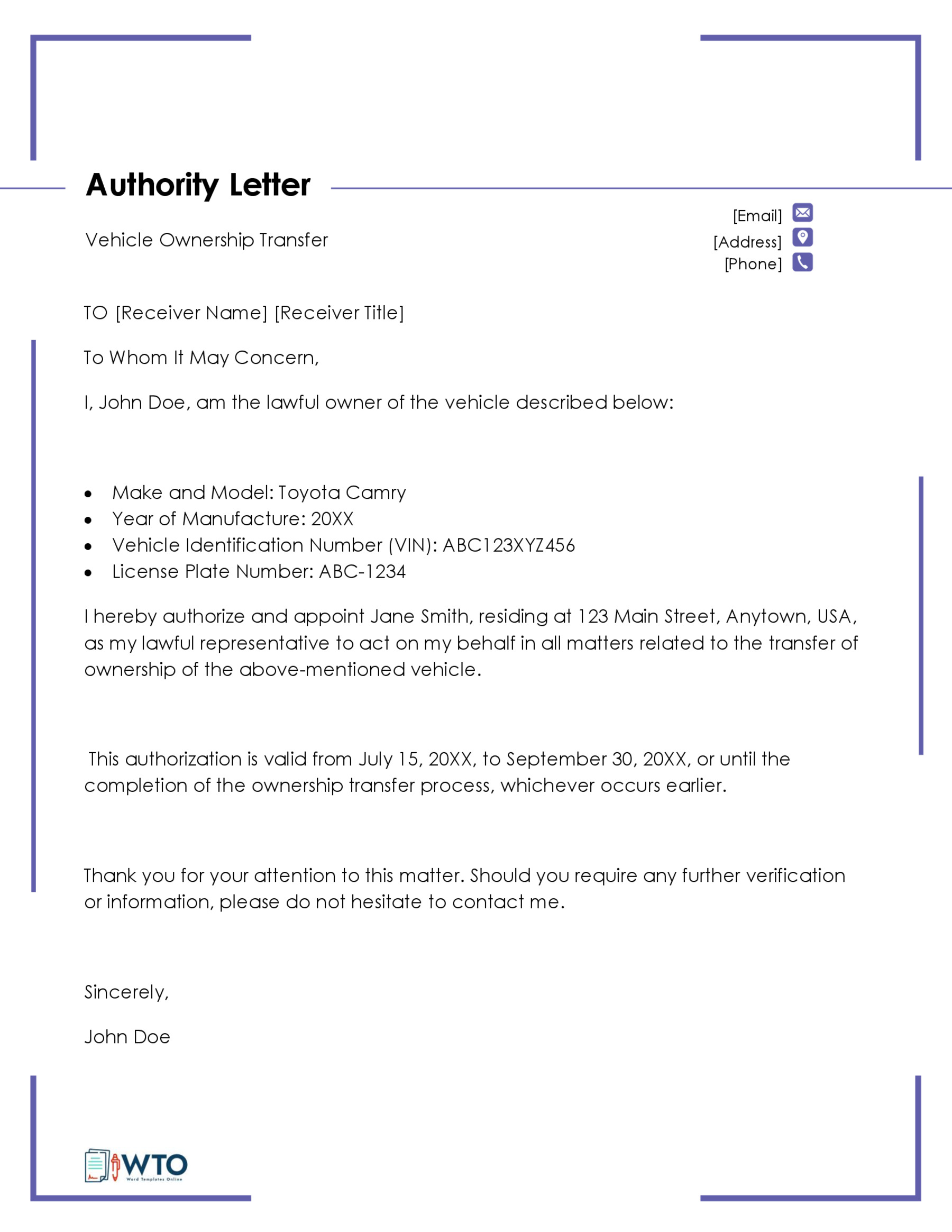 Authorization Letter Transfer Vehicle Ownership Letter Template-Ms Word Free