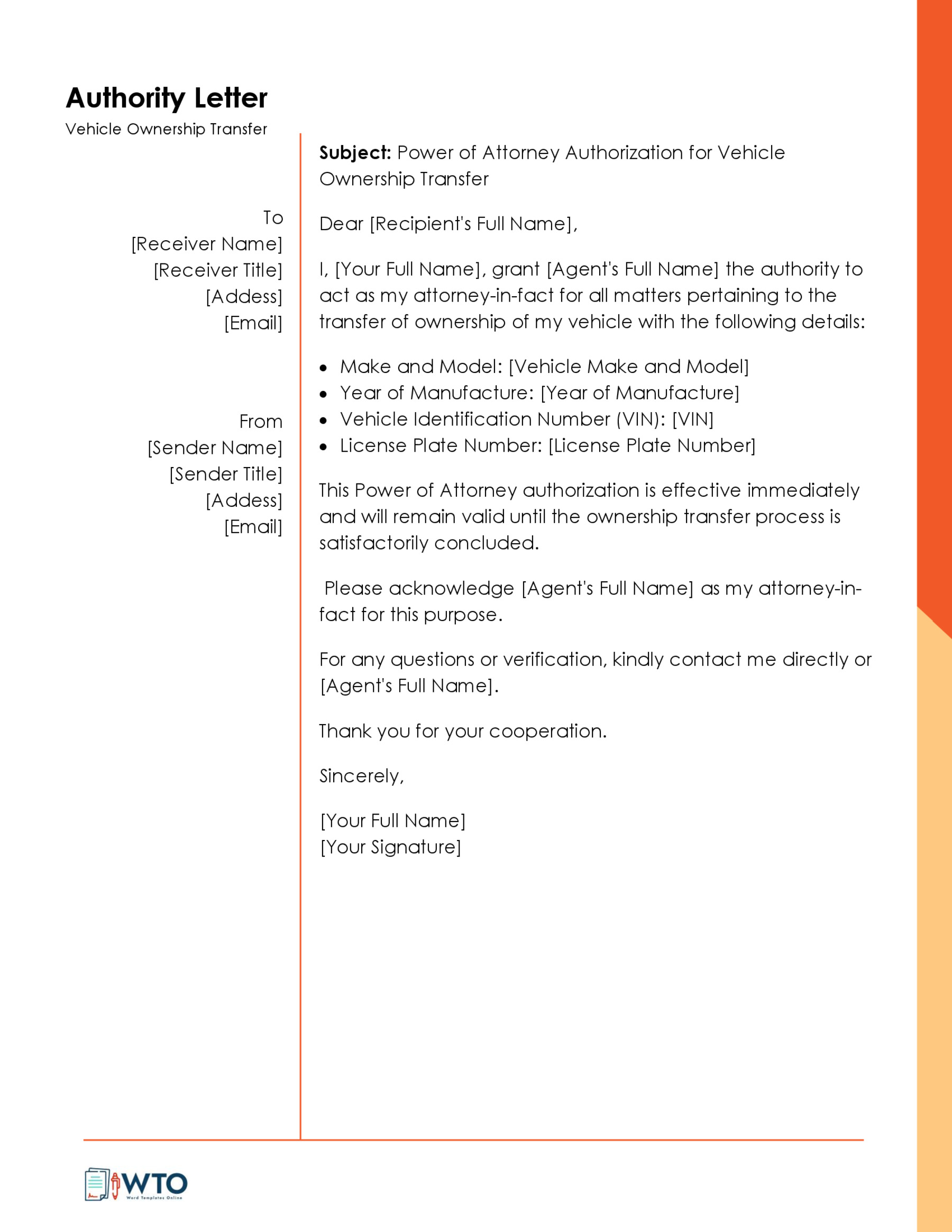 Authorization Letter Transfer Vehicle Ownership Letter Template- Free in Ms word